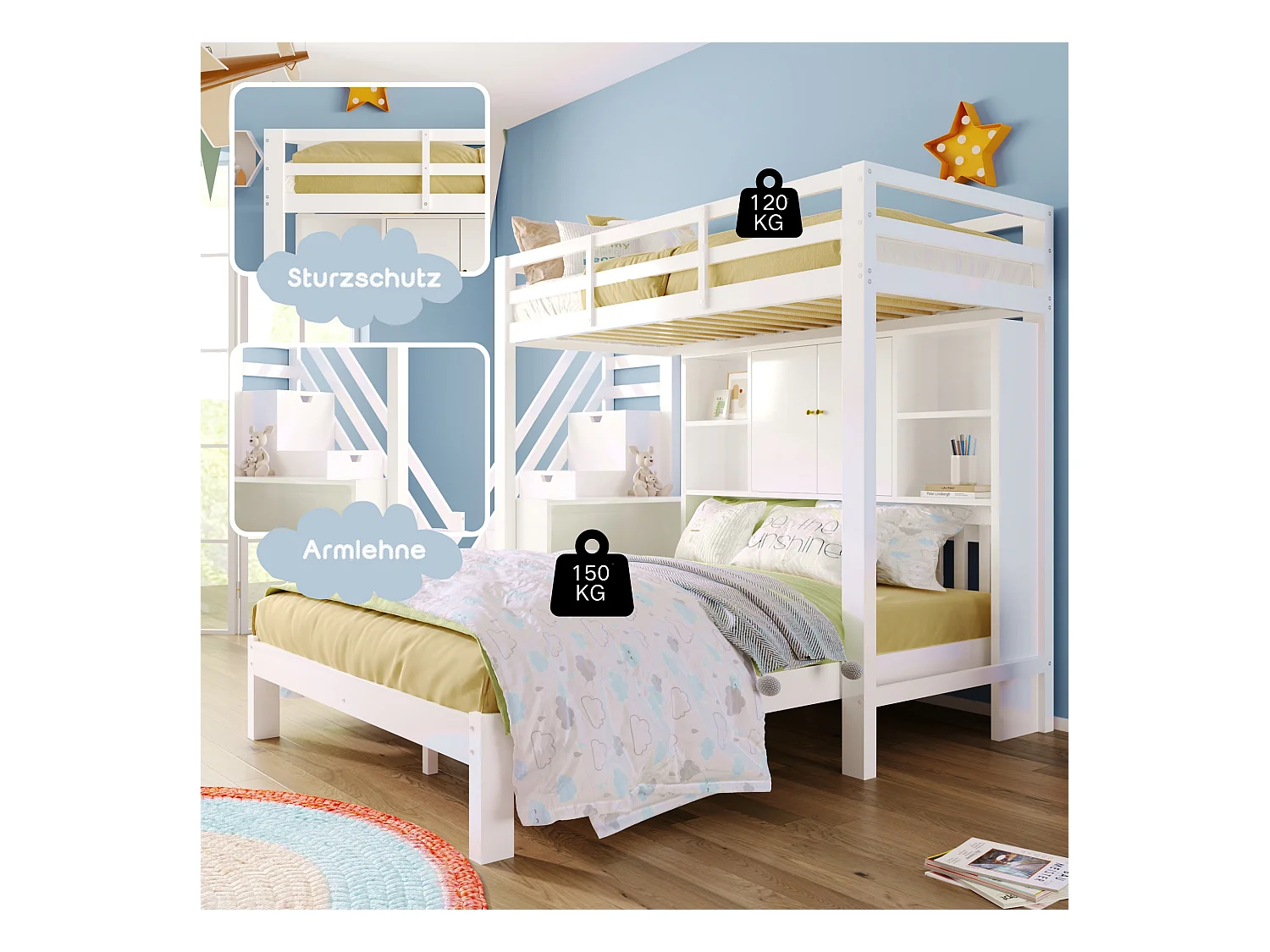 Etagenbett für Kinder 90 x 200 cm + 140 x 200 cm – mit Stauraumtreppe und abnehmbarem Schreibtisch – aus Massivholz und MDF – Weiß