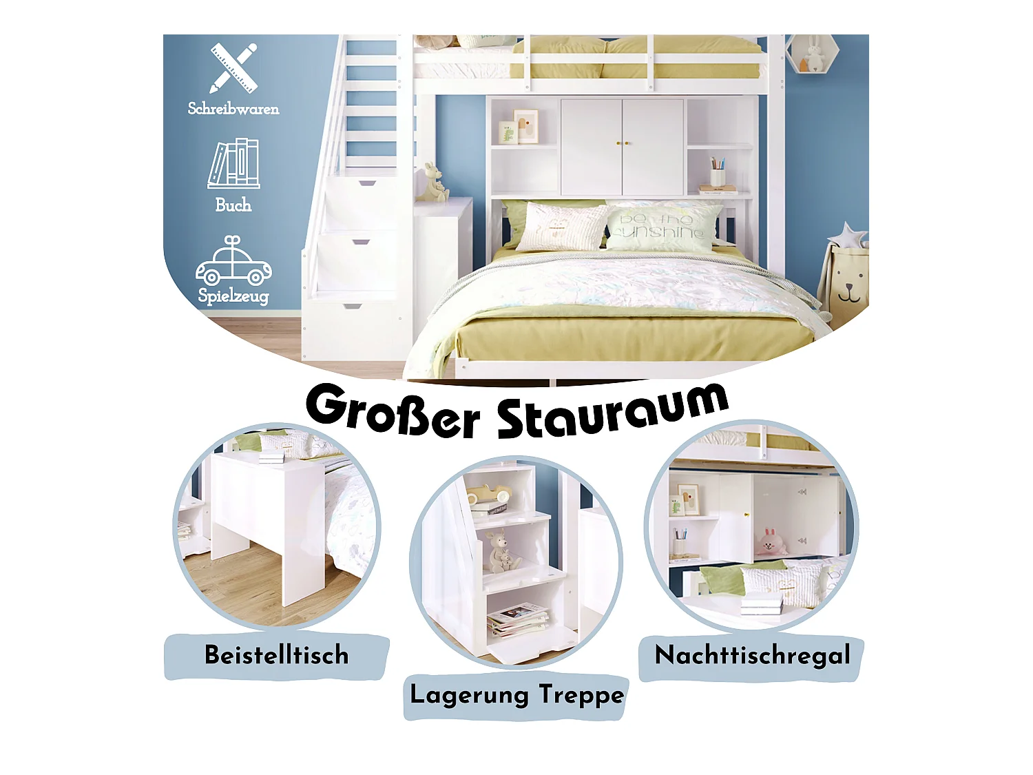 Etagenbett für Kinder 90 x 200 cm + 140 x 200 cm – mit Stauraumtreppe und abnehmbarem Schreibtisch – aus Massivholz und MDF – Weiß