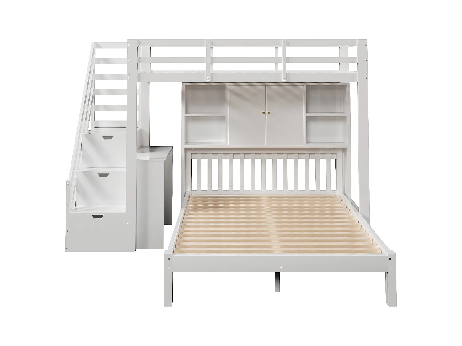 Etagenbett für Kinder 90 x 200 cm + 140 x 200 cm – mit Stauraumtreppe und abnehmbarem Schreibtisch – aus Massivholz und MDF – Weiß