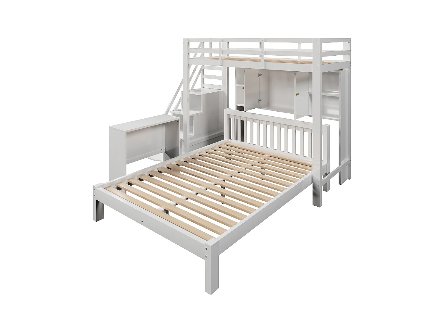 Etagenbett für Kinder 90 x 200 cm + 140 x 200 cm – mit Stauraumtreppe und abnehmbarem Schreibtisch – aus Massivholz und MDF – Weiß