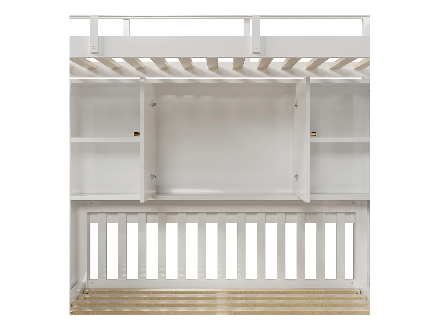 Etagenbett für Kinder 90 x 200 cm + 140 x 200 cm – mit Stauraumtreppe und abnehmbarem Schreibtisch – aus Massivholz und MDF – Weiß