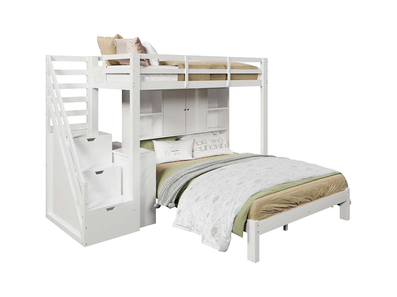 Etagenbett für Kinder 90 x 200 cm + 140 x 200 cm – mit Stauraumtreppe und abnehmbarem Schreibtisch – aus Massivholz und MDF – Weiß