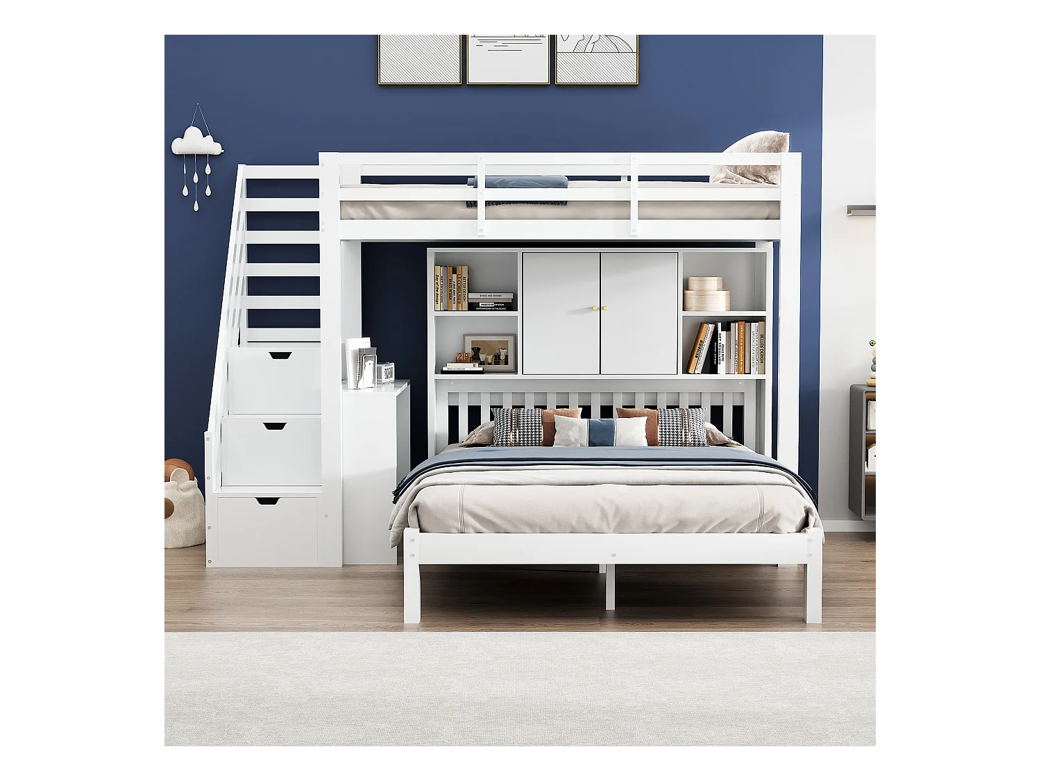 Etagenbett für Kinder 90 x 200 cm + 140 x 200 cm – mit Stauraumtreppe und abnehmbarem Schreibtisch – aus Massivholz und MDF – Weiß