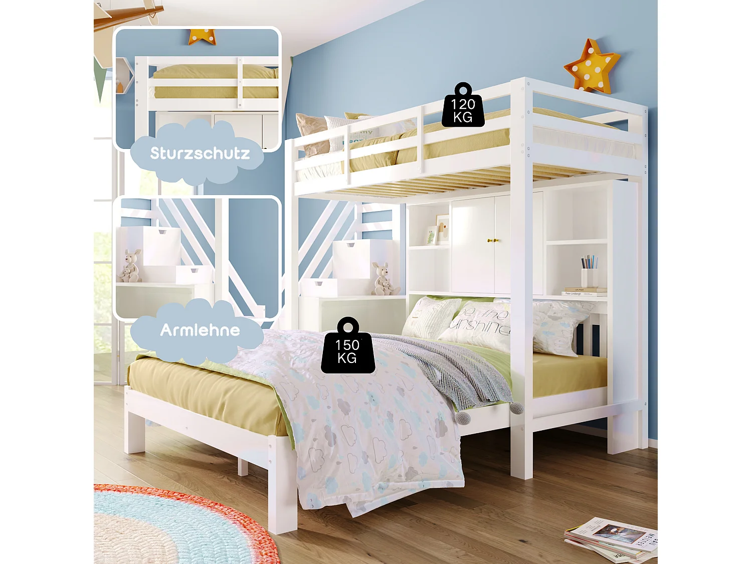 Beliche infantil 90x200 cm + 140x200 cm - com escada de arrumação e secretária amovível - em madeira maciça e MDF - Branco