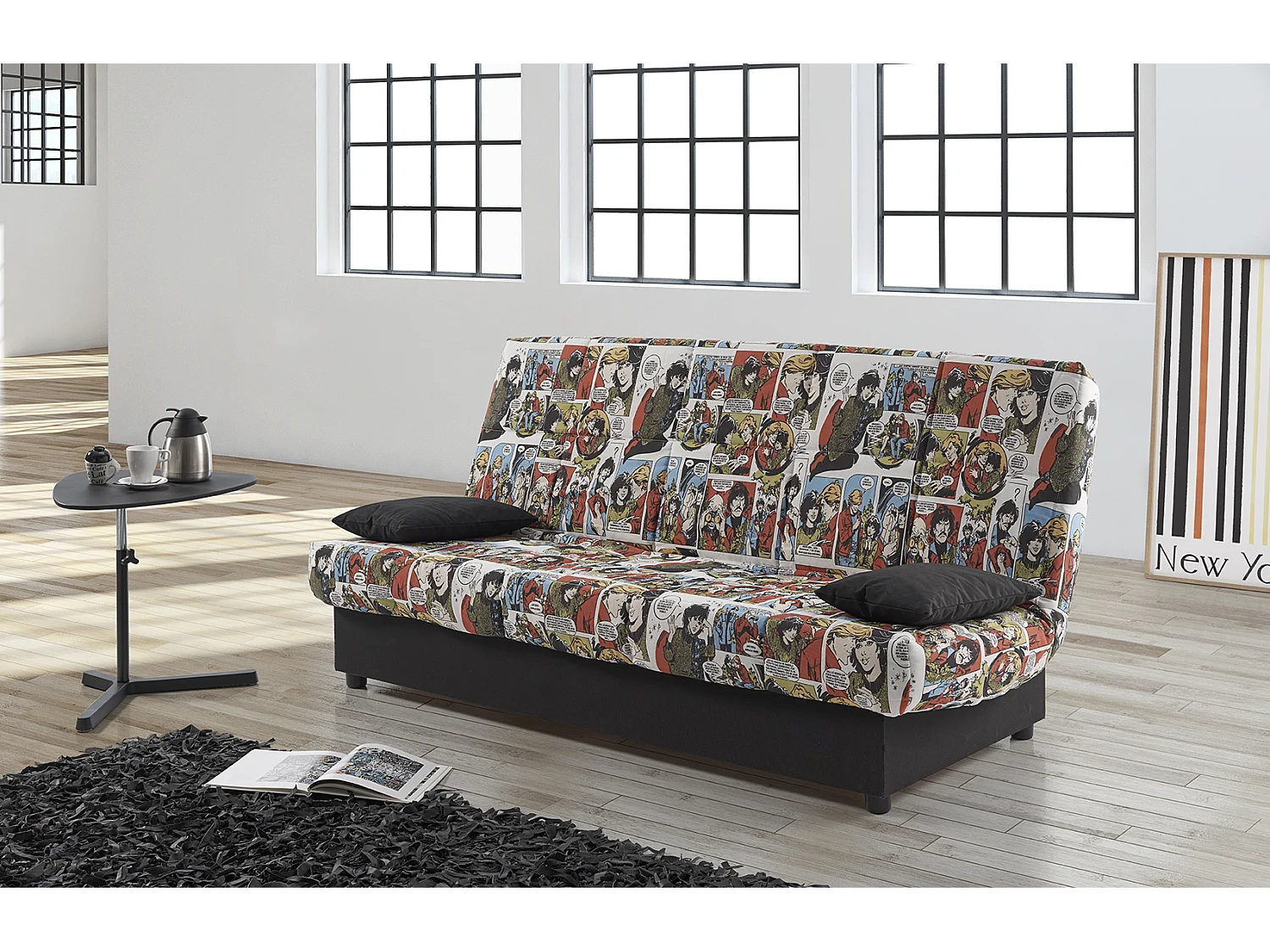 Sofa Cama Clic Clac Julieta 3 Plazas Estampado Comic sofá: 184x75x31 cm. Cama: 190x132x40 cm. Incluye 2 Cojines