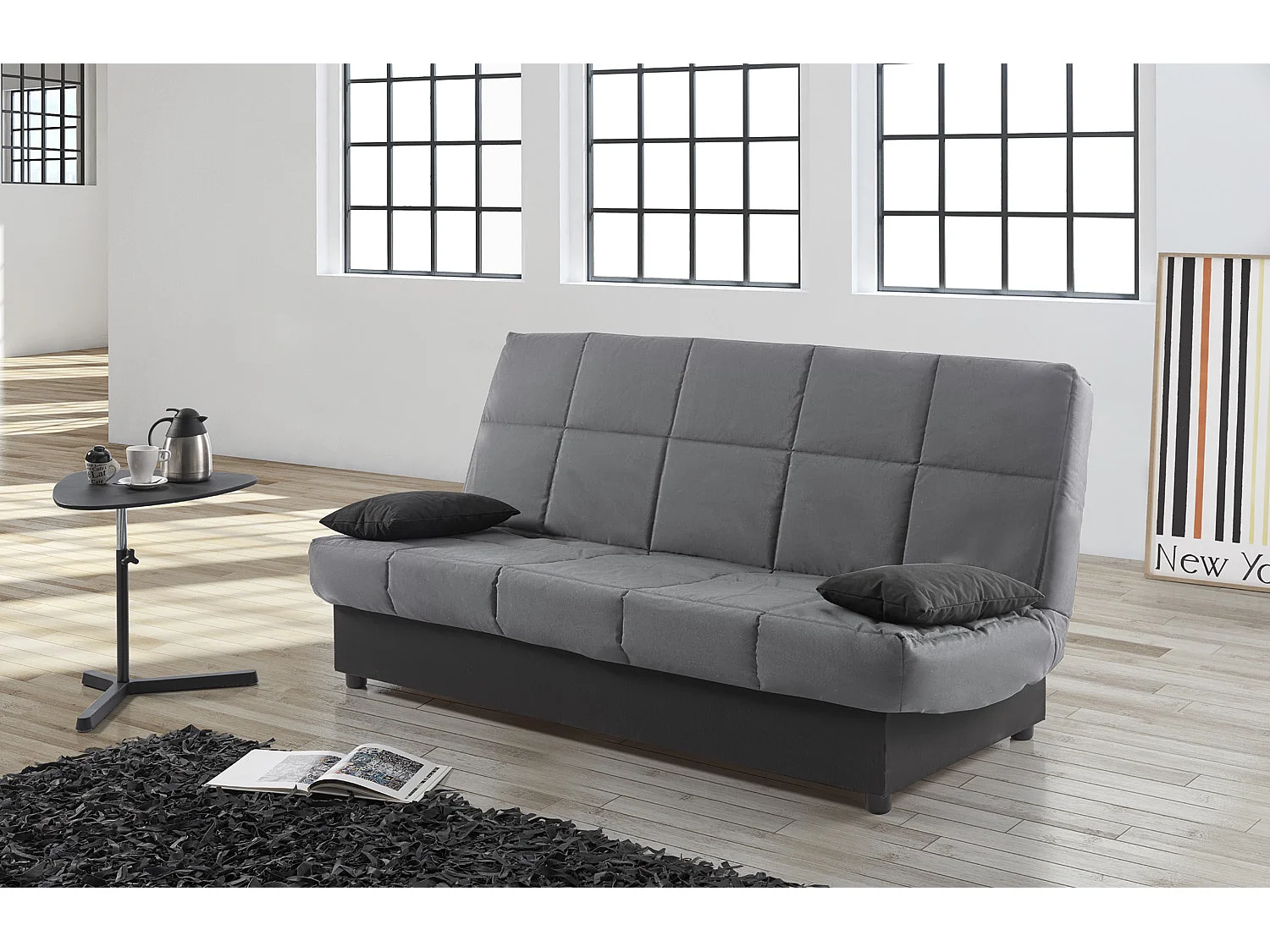 Sofa Cama Clic Clac Julieta 3 Plazas Gris Lava sofá: 184x75x31 cm. Cama: 190x132x40 cm. Incluye 2 Cojines