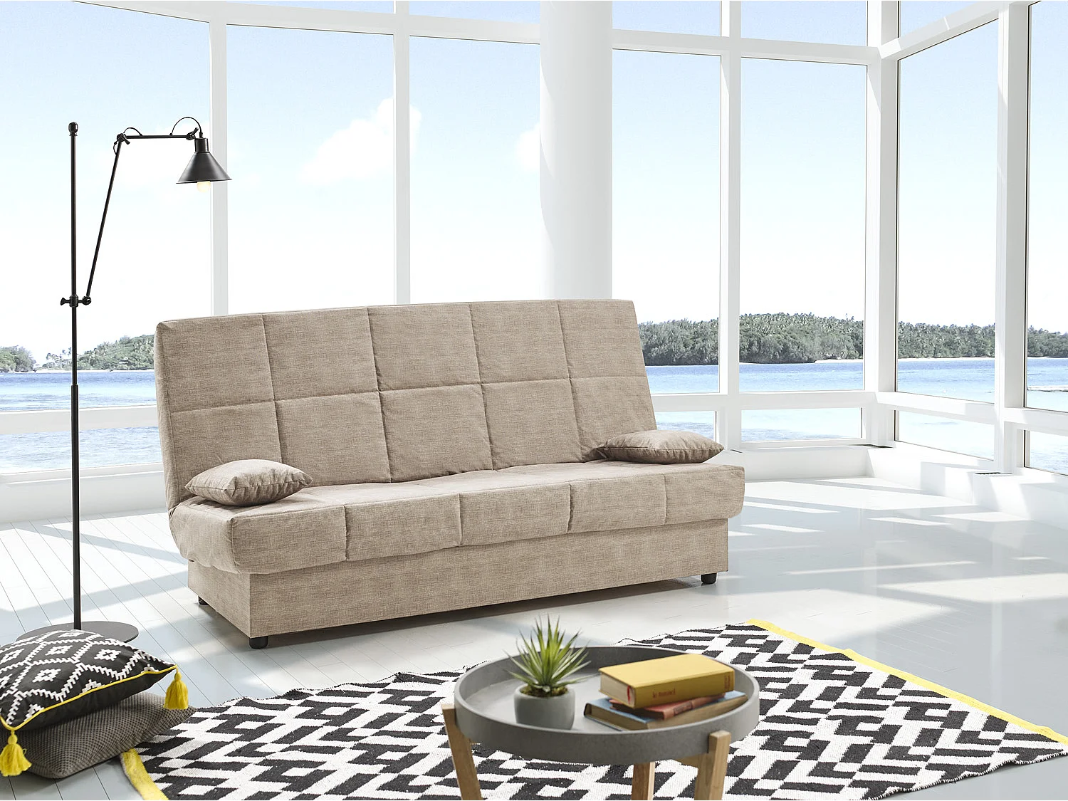 Sofa Cama Clic Clac Julieta 3 Plazas Beige sofá: 184x75x31 cm. Cama: 190x132x40 cm. Incluye 2 Cojines