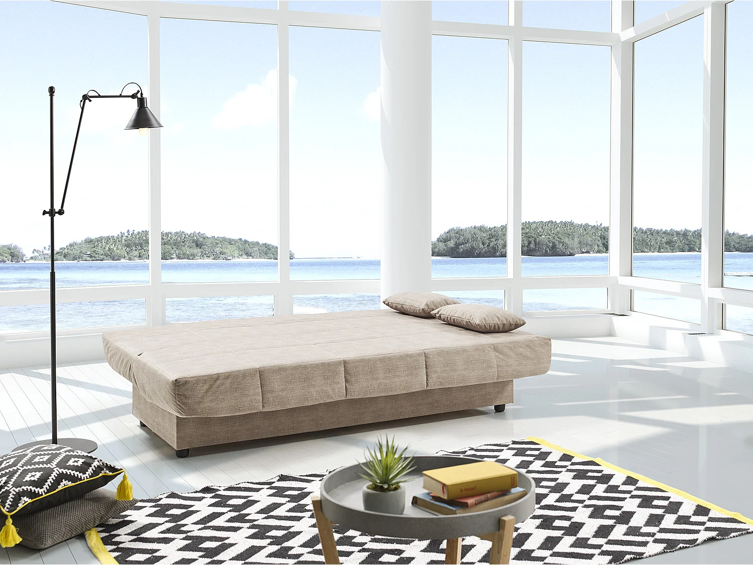 Sofa Cama Clic Clac Julieta 3 Plazas Beige sofá: 184x75x31 cm. Cama: 190x132x40 cm. Incluye 2 Cojines