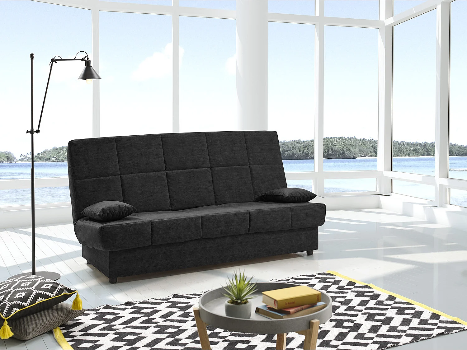 Sofa Cama Clic Clac Julieta 3 Plazas Negro sofá: 184x75x31 cm. Cama: 190x132x40 cm. Incluye 2 Cojines