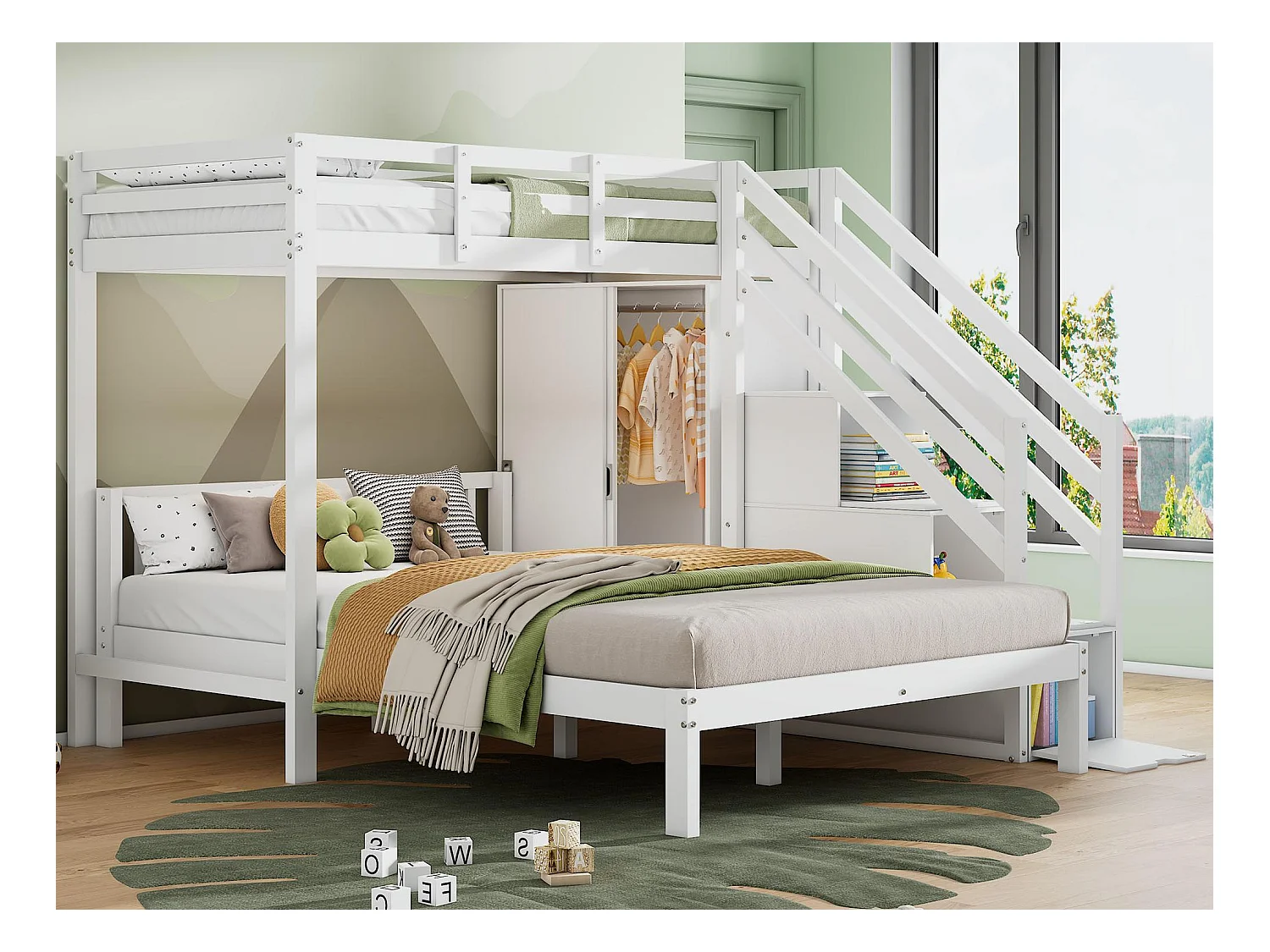 Lit superposé enfant 90x200 cm + 140x200 cm - avec armoire et escalier de rangement - en bois massif et MDF - Blanc