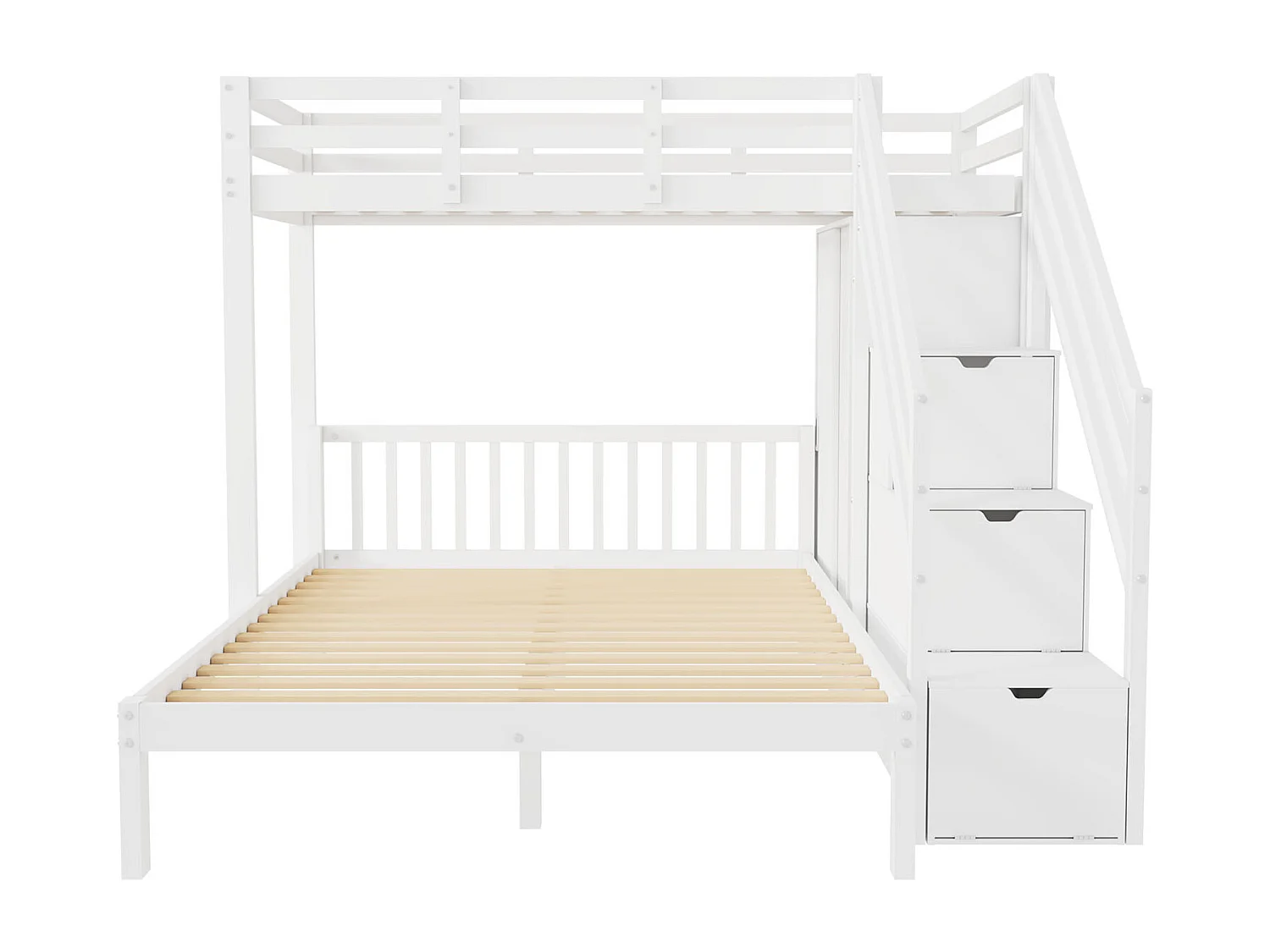 Lit superposé enfant 90x200 cm + 140x200 cm - avec armoire et escalier de rangement - en bois massif et MDF - Blanc