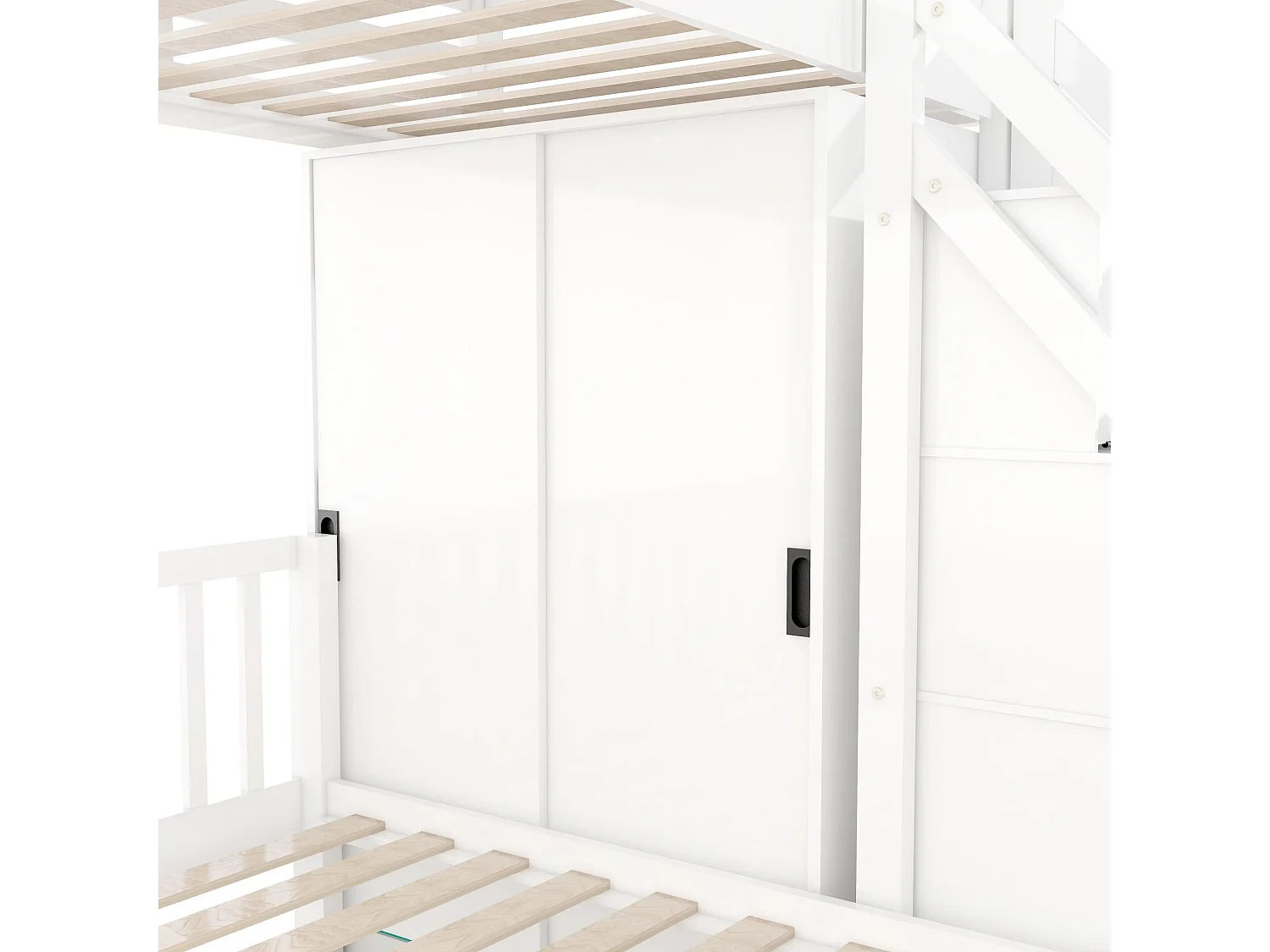 Lit superposé enfant 90x200 cm + 140x200 cm - avec armoire et escalier de rangement - en bois massif et MDF - Blanc