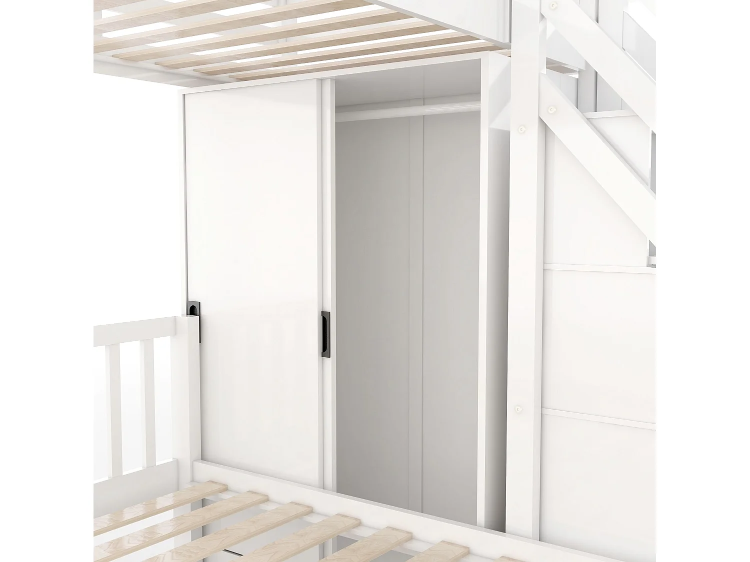 Lit superposé enfant 90x200 cm + 140x200 cm - avec armoire et escalier de rangement - en bois massif et MDF - Blanc