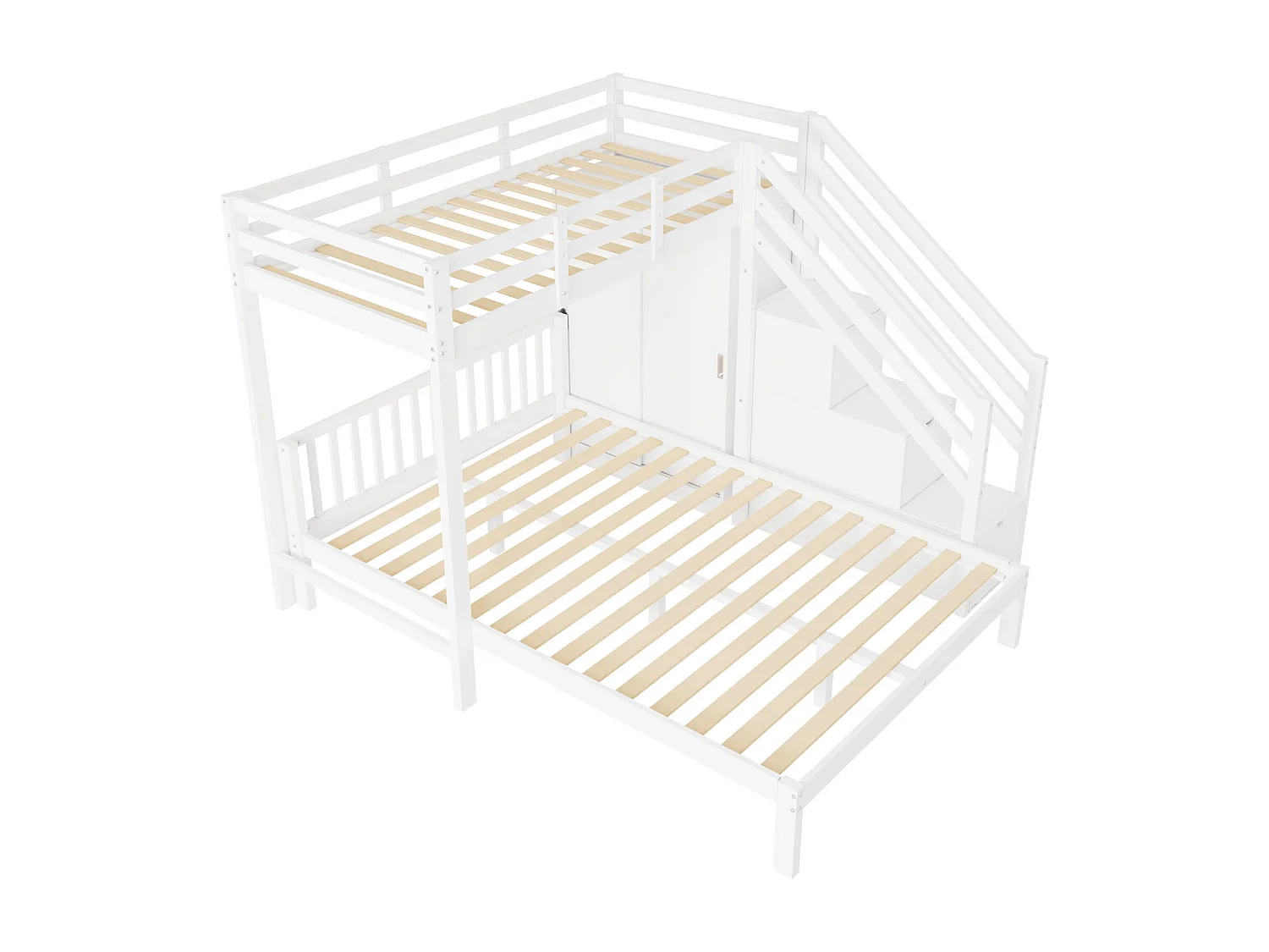 Lit superposé enfant 90x200 cm + 140x200 cm - avec armoire et escalier de rangement - en bois massif et MDF - Blanc