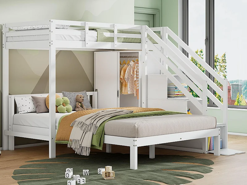 Lit superposé enfant 90x200 cm + 140x200 cm - avec armoire et escalier de rangement - en bois massif et MDF - Blanc