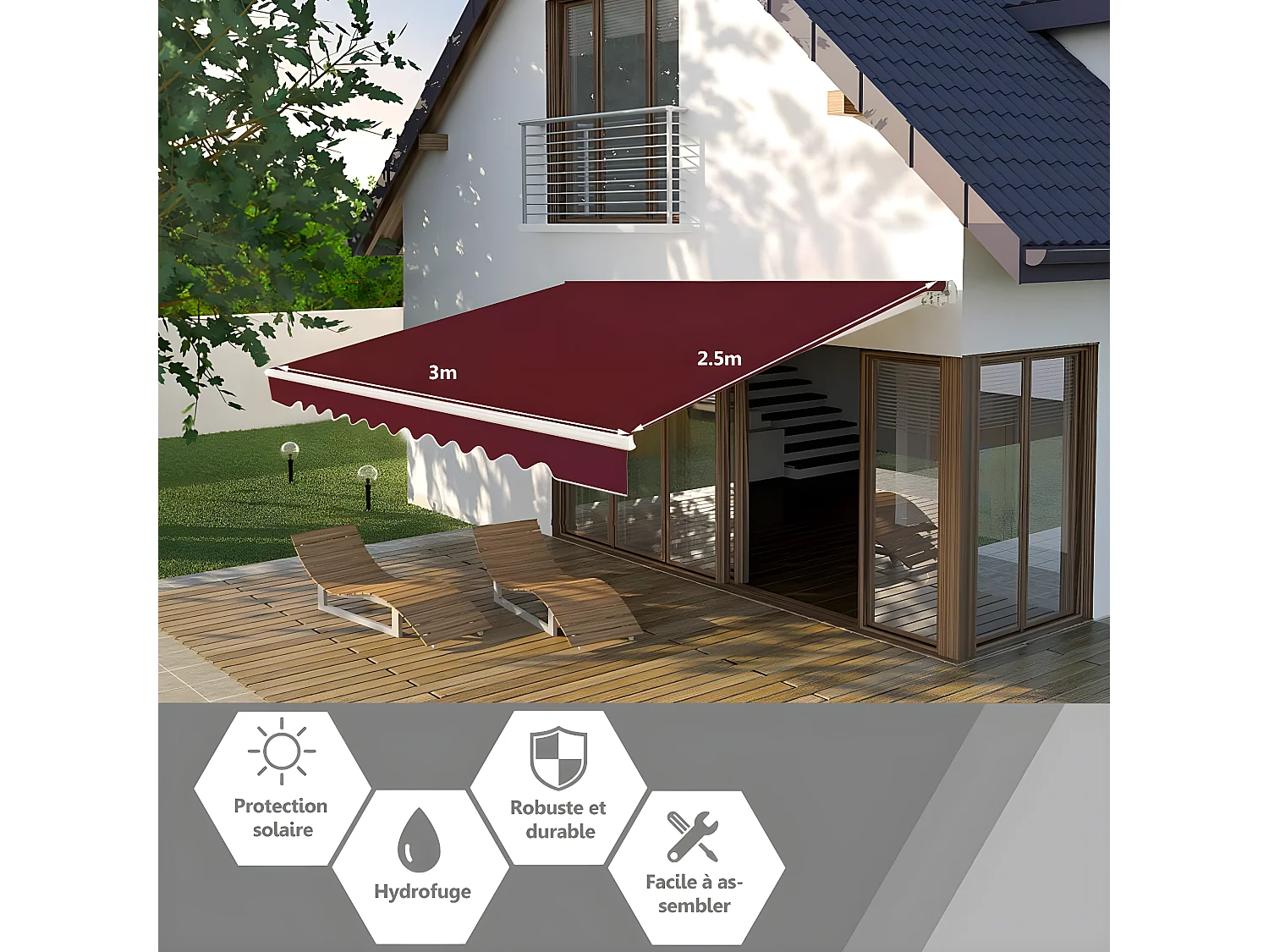 Store Banne de Balcon Rétractable avec Tissu et velours Résistant aux UV et à l'eau, Cadre en Aluminium Angle Réglable 5-35° ,3 x 2,5 m