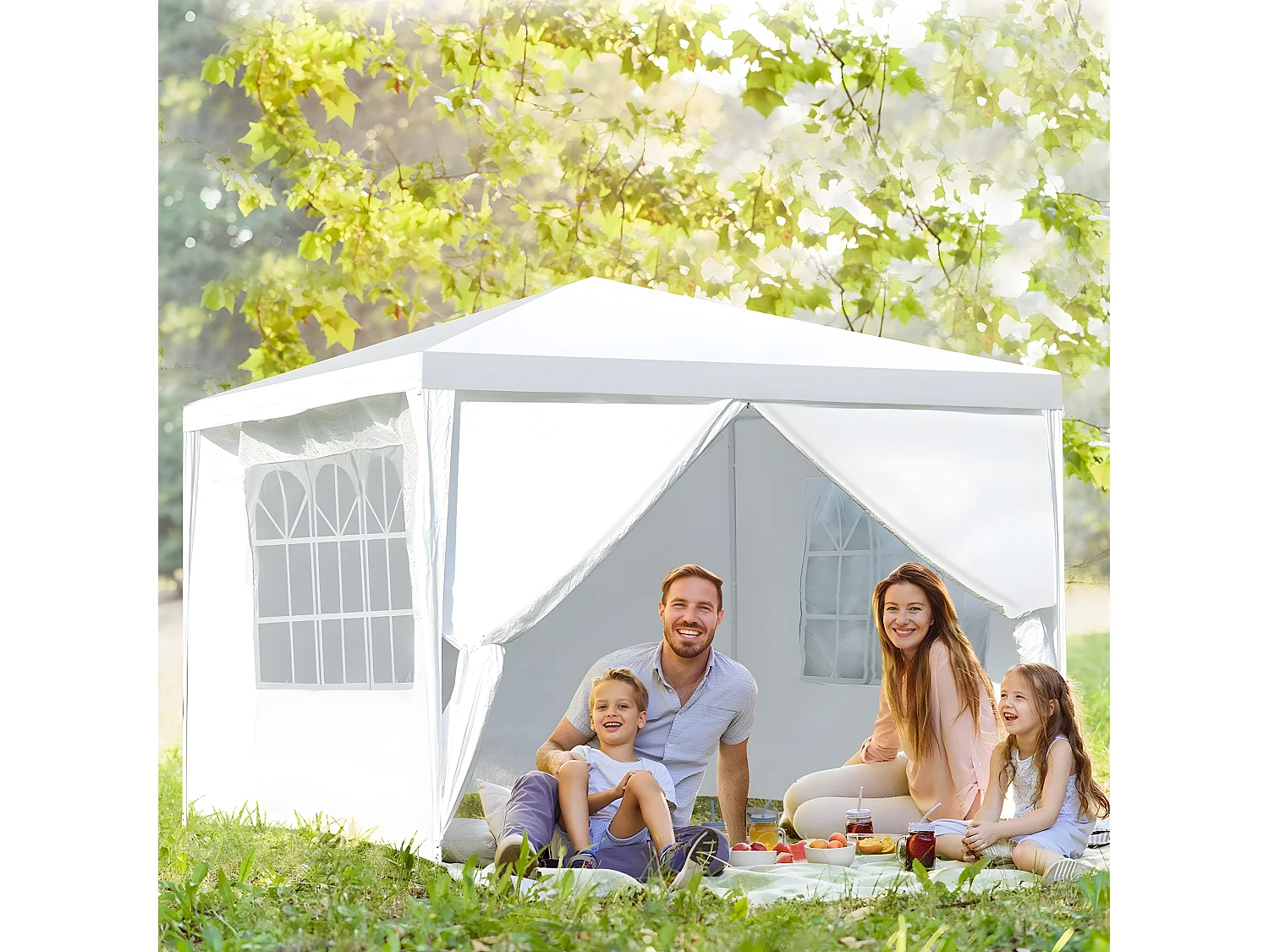 Tonnelle de Jardin 3x3M, Tente de Reception avec 4 Bâches Amovibles et Fenêtres Transparentes, Tubes Métalliques, Barnum pour Fête, Mariage, BBQ