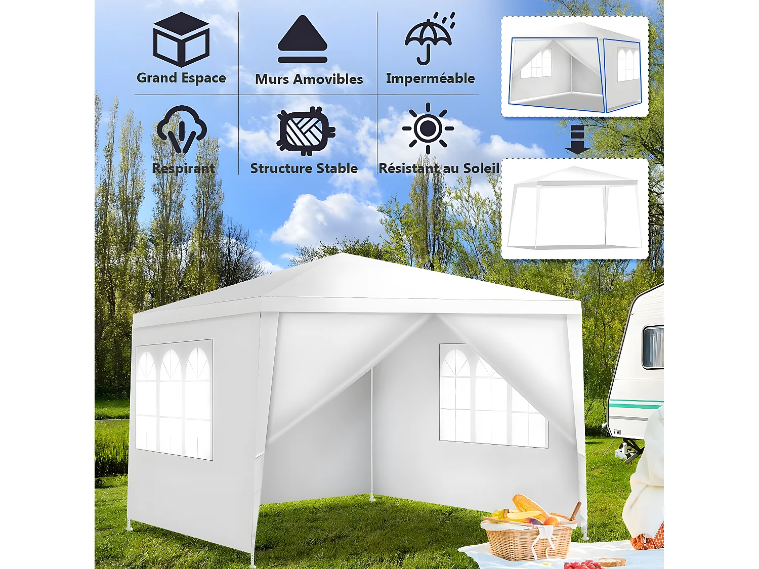 Tonnelle de Jardin 3x3M, Tente de Reception avec 4 Bâches Amovibles et Fenêtres Transparentes, Tubes Métalliques, Barnum pour Fête, Mariage, BBQ