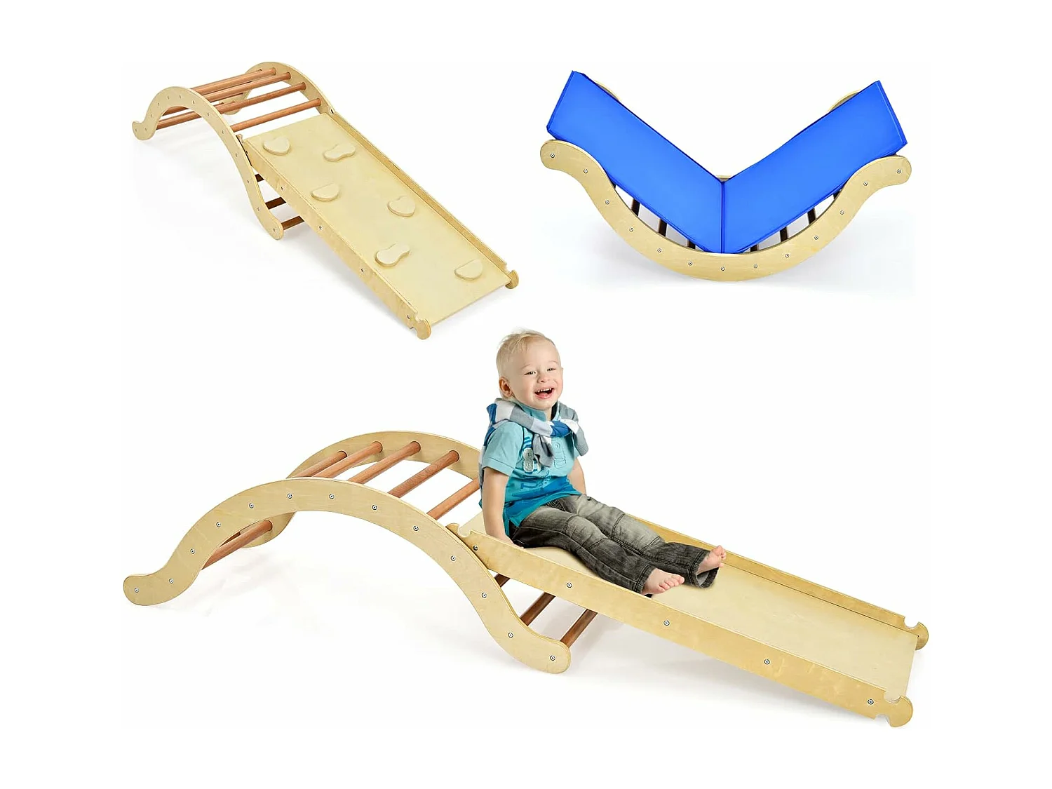 Triangle d'Escalade Foldable 4 en 1 pour Enfants avec Rampe Réversible pour Grimper et Glisser en Bois Naturel