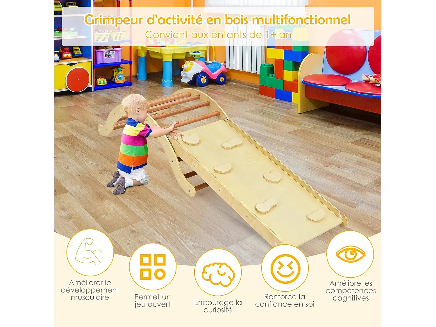 Triangle d'Escalade Foldable 4 en 1 pour Enfants avec Rampe Réversible pour Grimper et Glisser en Bois Naturel
