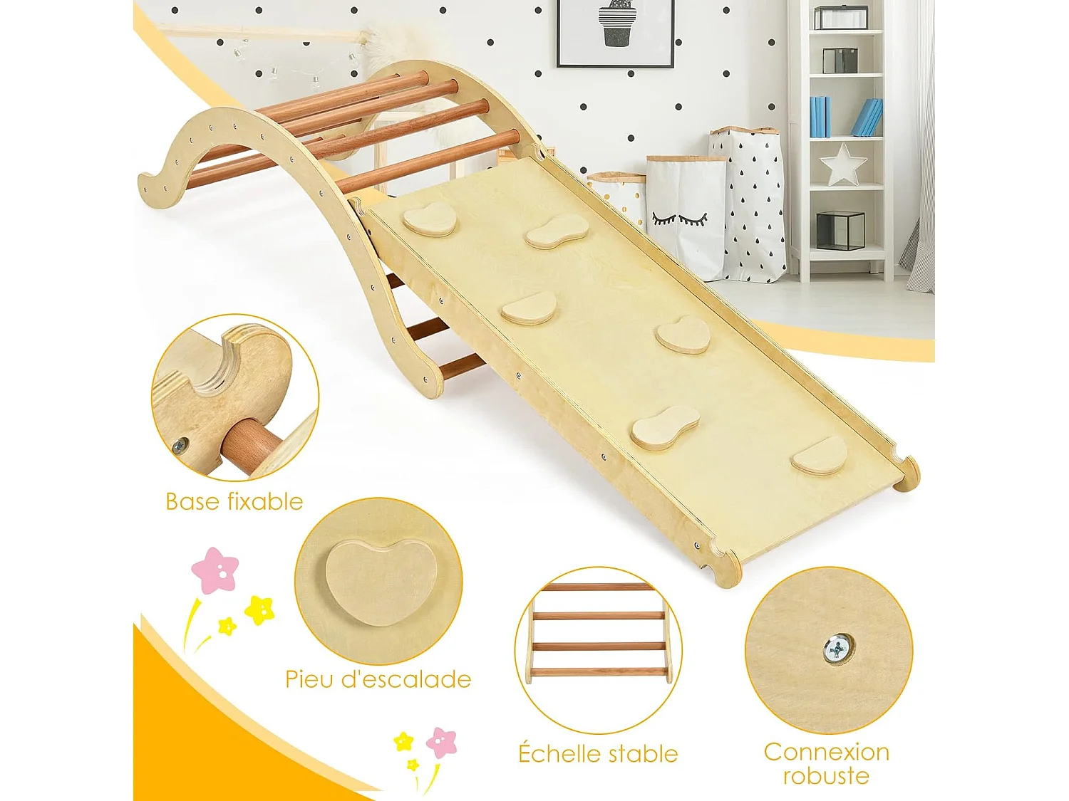 Triangle d'Escalade Foldable 4 en 1 pour Enfants avec Rampe Réversible pour Grimper et Glisser en Bois Naturel