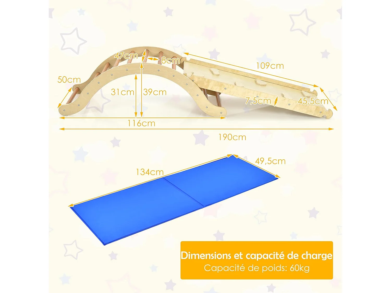 Triangle d'Escalade Foldable 4 en 1 pour Enfants avec Rampe Réversible pour Grimper et Glisser en Bois Naturel