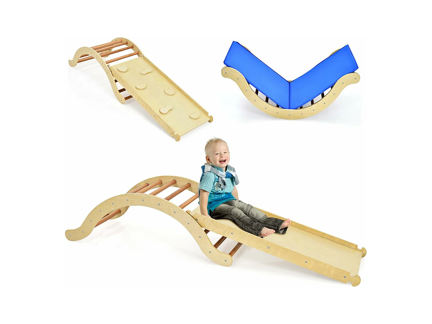 Triangle d'Escalade Foldable 4 en 1 pour Enfants avec Rampe Réversible pour Grimper et Glisser en Bois Naturel