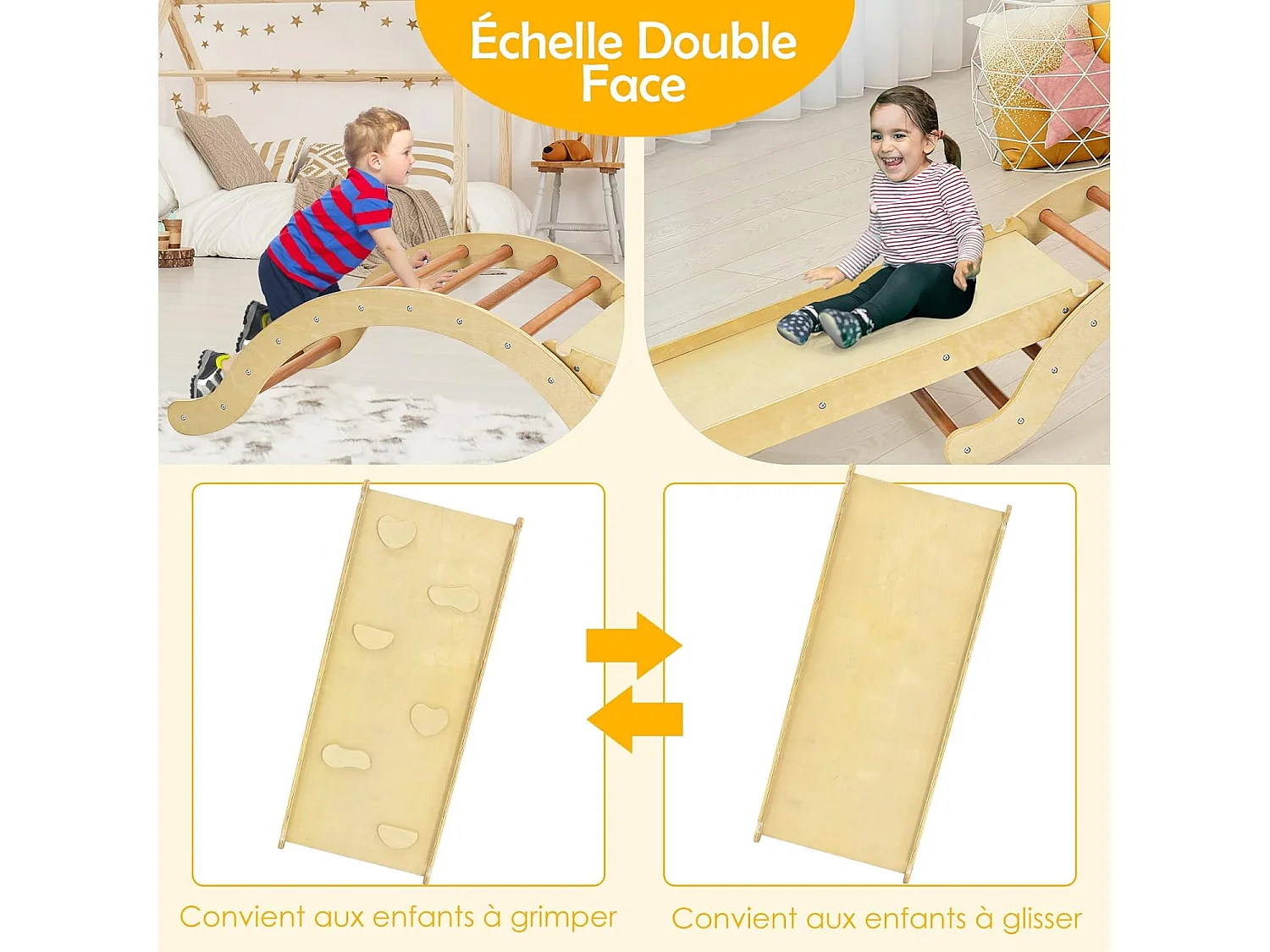 Triangle d'Escalade Foldable 4 en 1 pour Enfants avec Rampe Réversible pour Grimper et Glisser en Bois Naturel