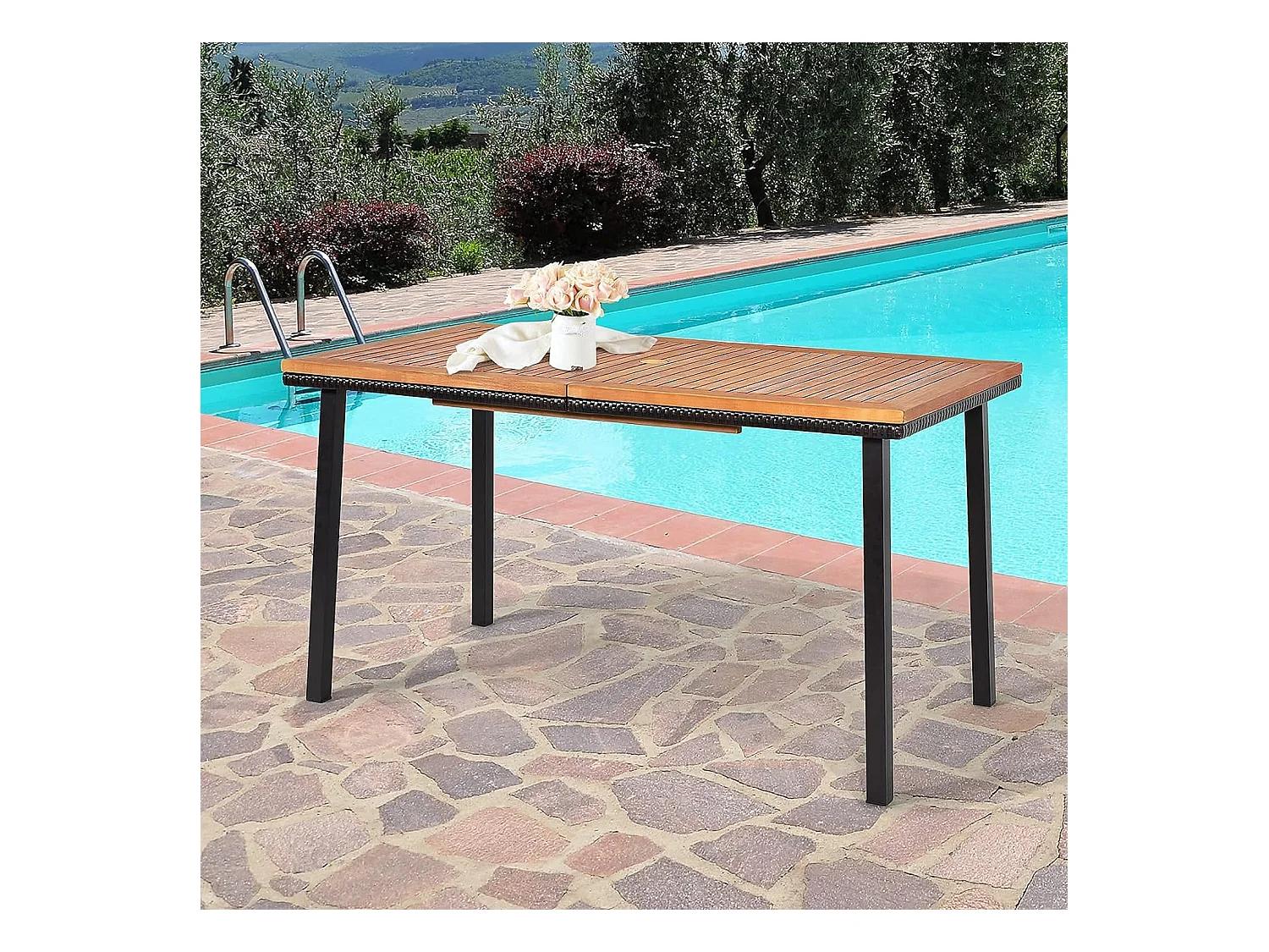 Table de Jardin en Bois d'Acacia Pré-huilé Certifié FSC 140x75x76CM avec Trou de Parasol/Table à manger pour 6-8 Personnes