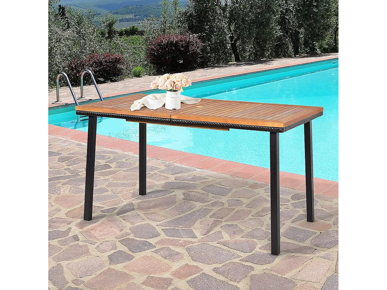 Table de Jardin en Bois d'Acacia Pré-huilé Certifié FSC 140x75x76CM avec Trou de Parasol/Table à manger pour 6-8 Personnes