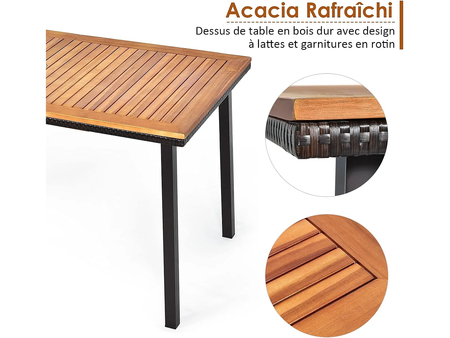 Table de Jardin en Bois d'Acacia Pré-huilé Certifié FSC 140x75x76CM avec Trou de Parasol/Table à manger pour 6-8 Personnes