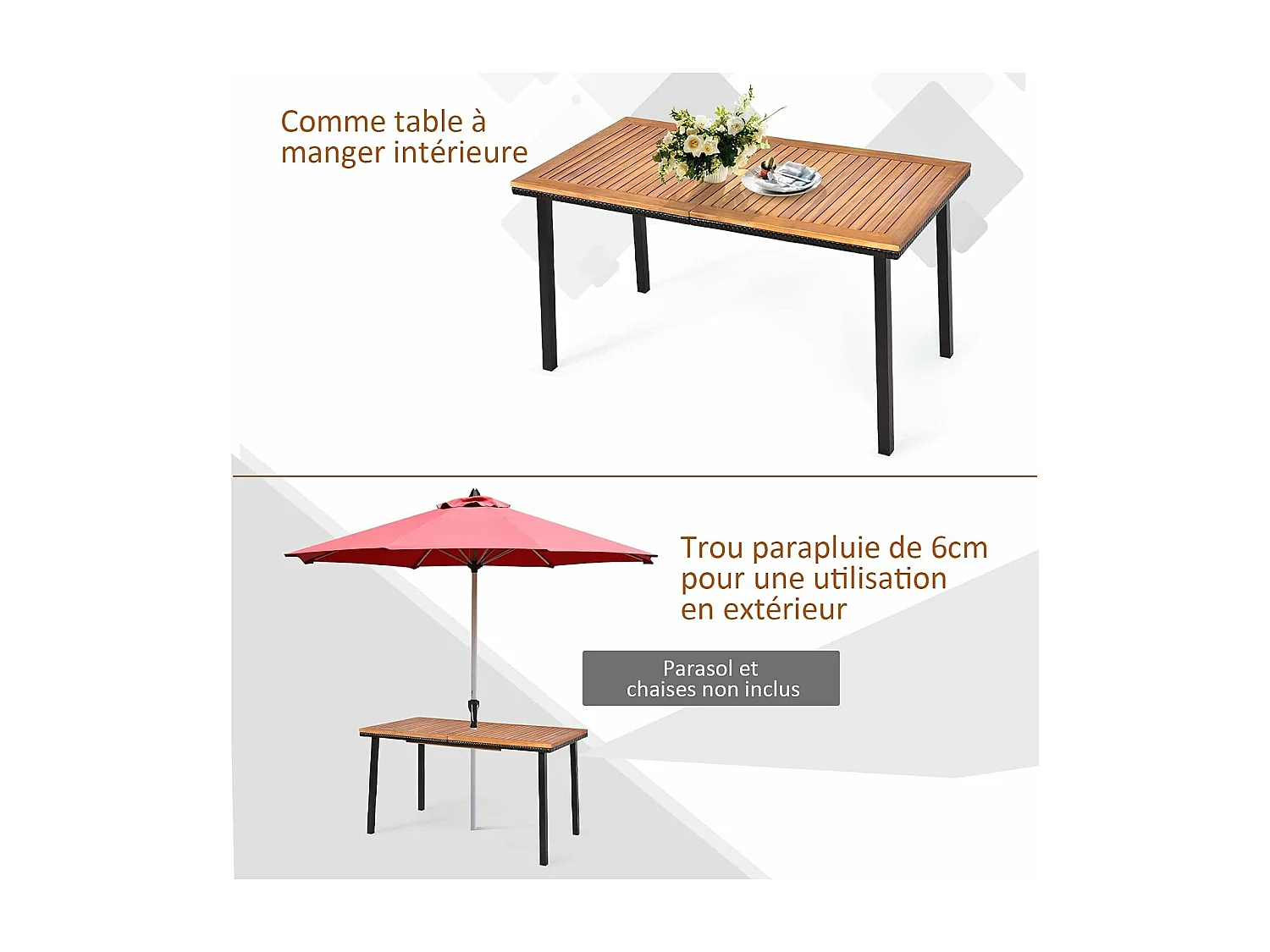 Table de Jardin en Bois d'Acacia Pré-huilé Certifié FSC 140x75x76CM avec Trou de Parasol/Table à manger pour 6-8 Personnes