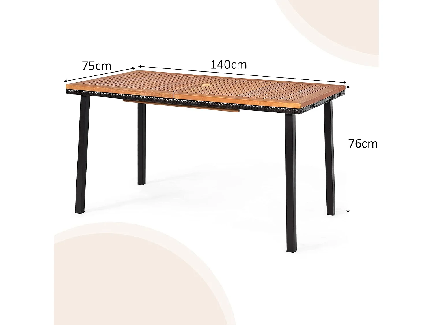 Table de Jardin en Bois d'Acacia Pré-huilé Certifié FSC 140x75x76CM avec Trou de Parasol/Table à manger pour 6-8 Personnes