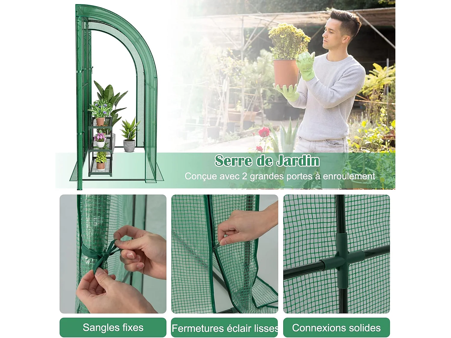 Serre de Jardin en PE avec Étagère à Plantes 3 Niveaux, Construction en Acier Imperméable 198,5x98x215cm, Vert