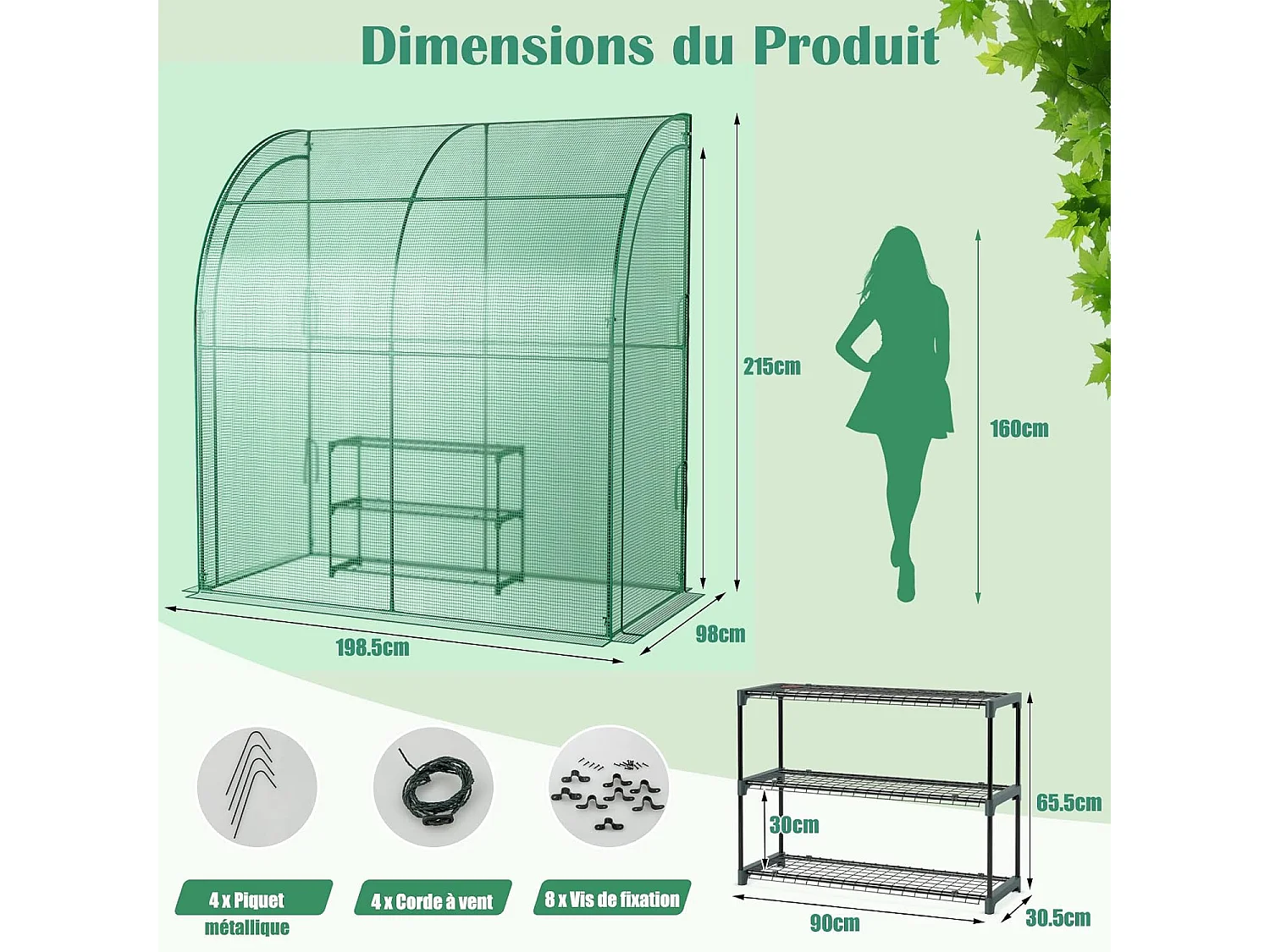 Serre de Jardin en PE avec Étagère à Plantes 3 Niveaux, Construction en Acier Imperméable 198,5x98x215cm, Vert