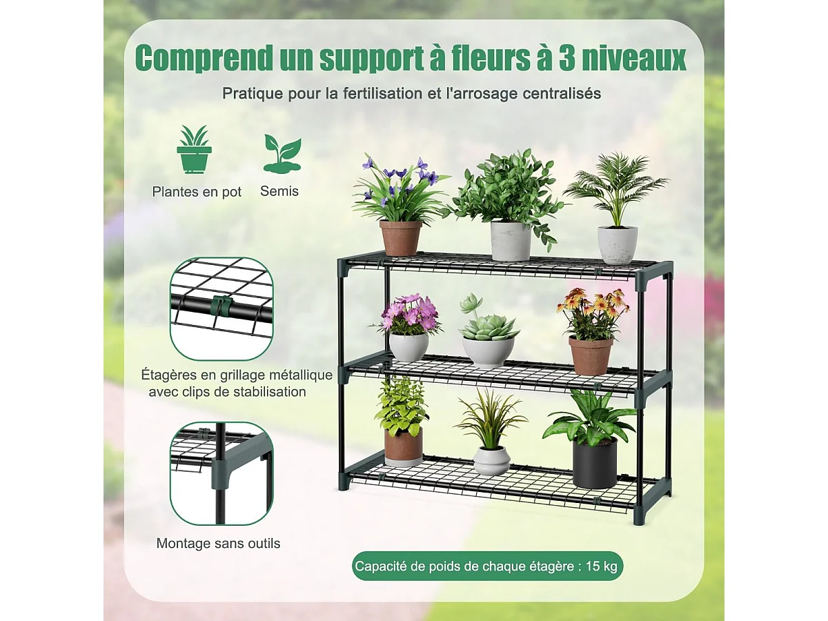 Serre de Jardin en PE avec Étagère à Plantes 3 Niveaux, Construction en Acier Imperméable 198,5x98x215cm, Vert