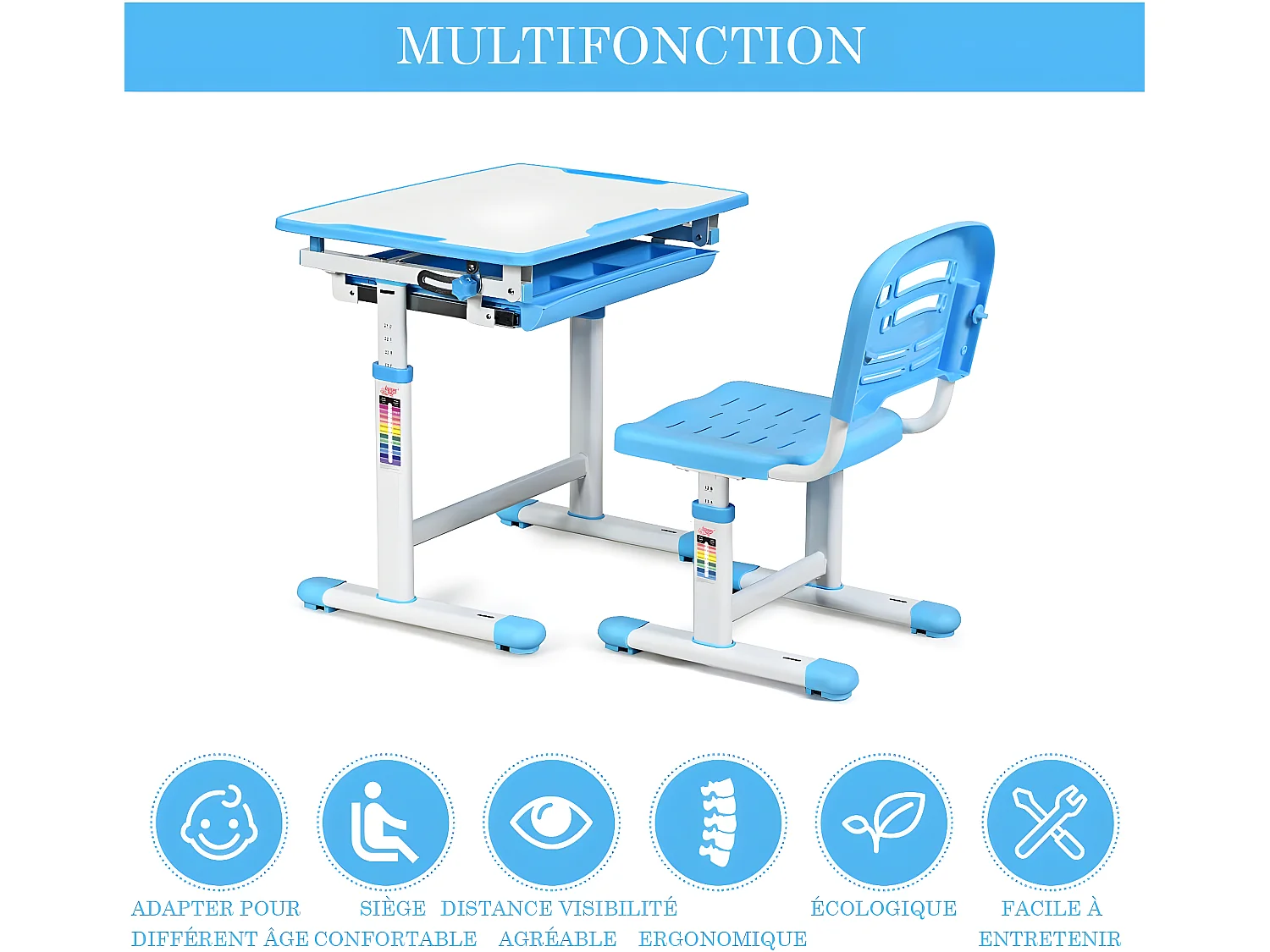 Bureau et Chaise Ensemble pour Enfants Ensemble Table Chaise Réglable en Hauteur avec Tiroir Inclinables