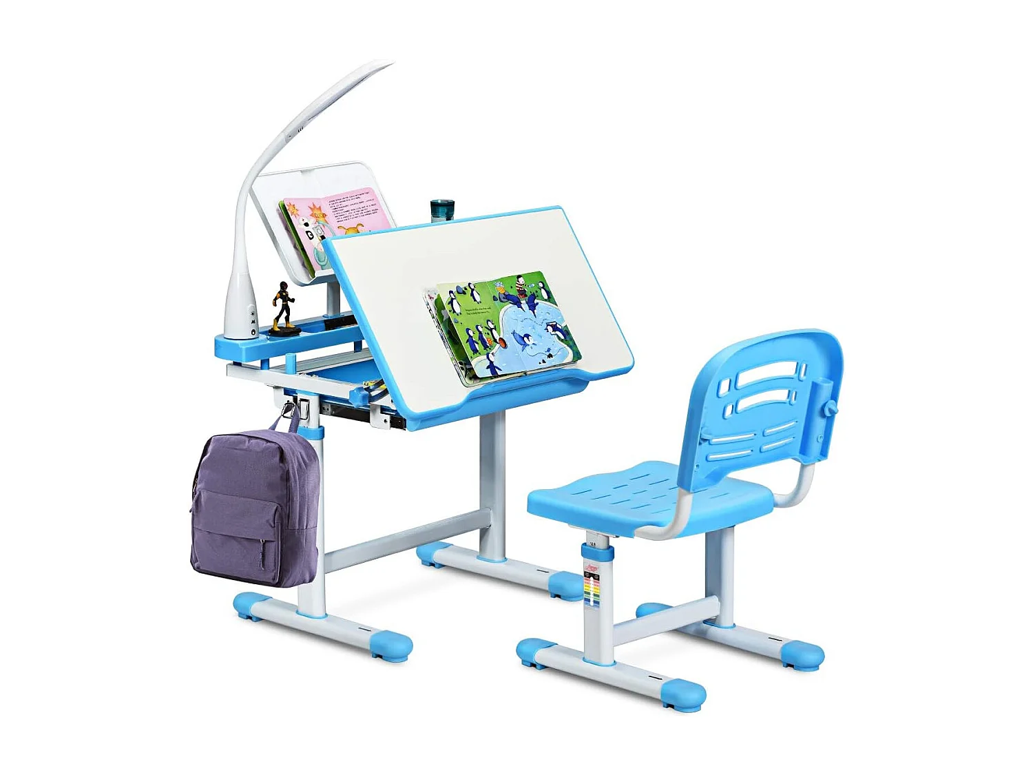 Set Bureau et Chaise pour Enfants avec Lampe LED,Bureau Inclinable 0°-40°,Hauteur Réglable,Charge Maximale 80KG Bleu