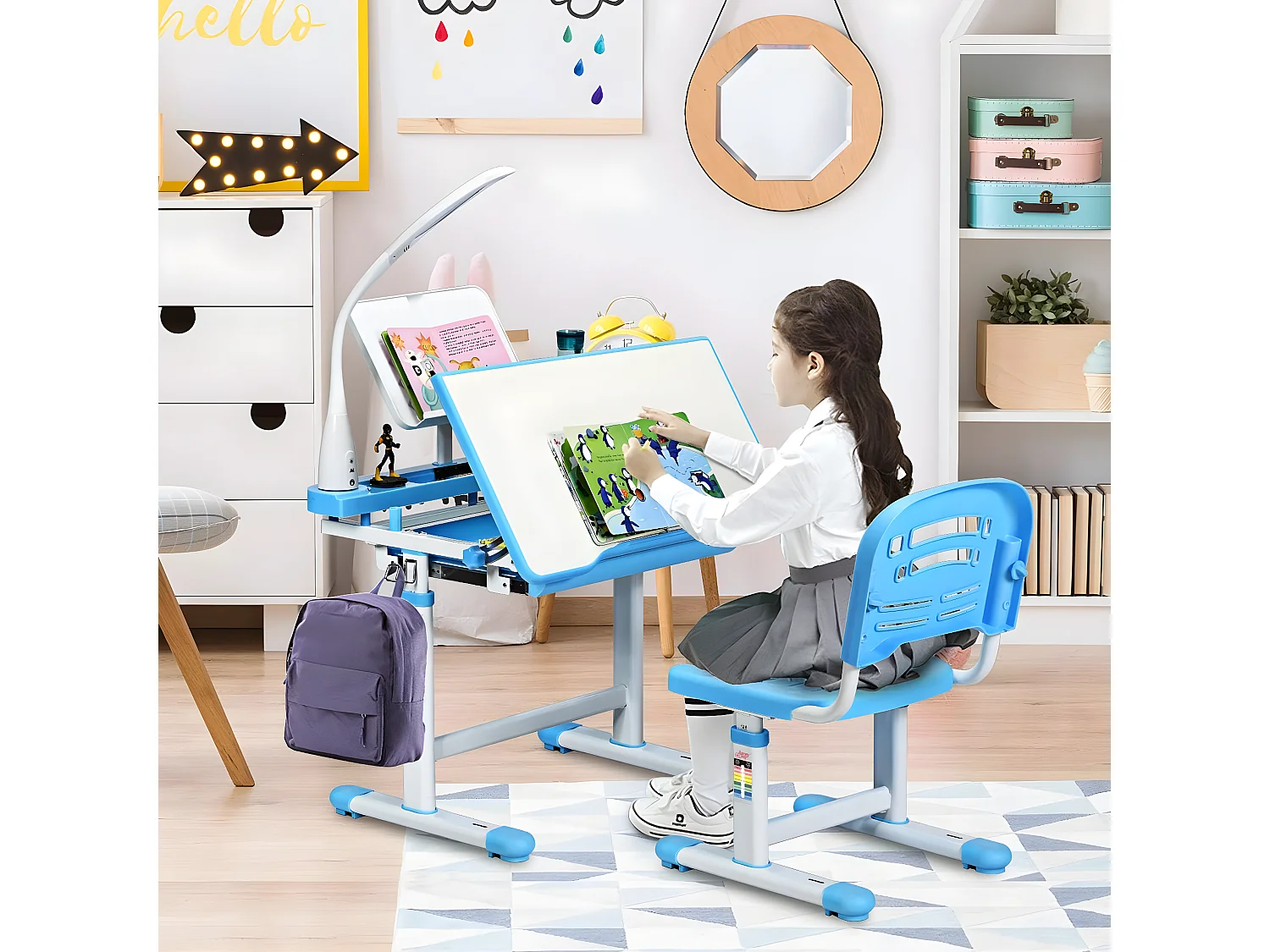 Set Bureau et Chaise pour Enfants avec Lampe LED,Bureau Inclinable 0°-40°,Hauteur Réglable,Charge Maximale 80KG Bleu