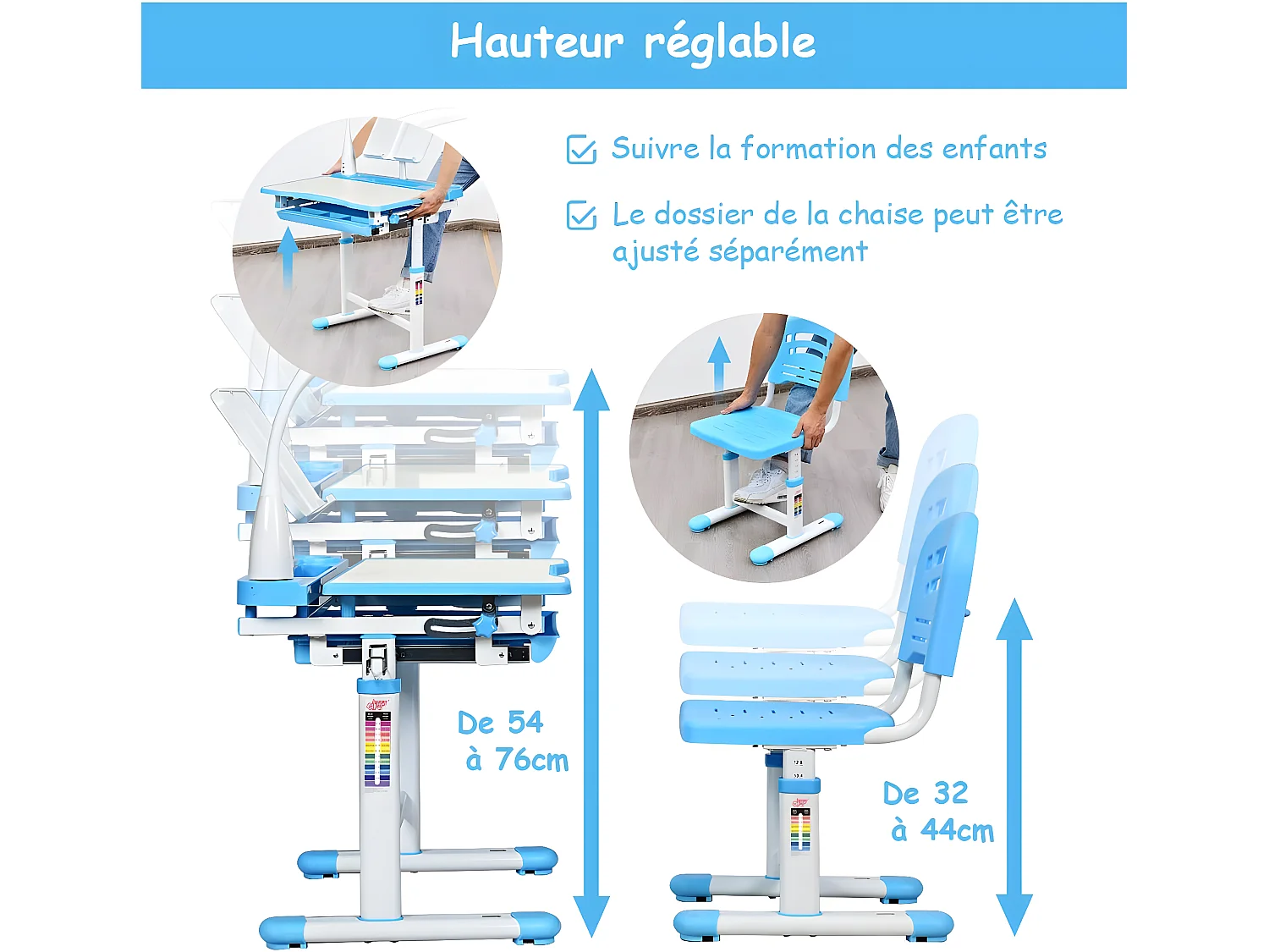 Set Bureau et Chaise pour Enfants avec Lampe LED,Bureau Inclinable 0°-40°,Hauteur Réglable,Charge Maximale 80KG Bleu