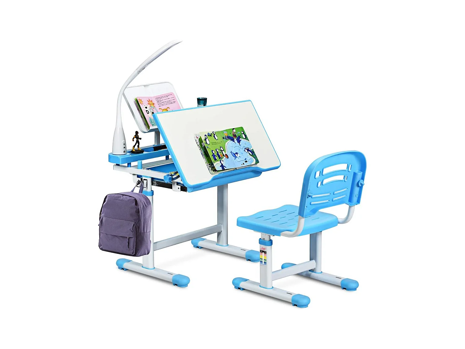 Set Bureau et Chaise pour Enfants avec Lampe LED,Bureau Inclinable 0°-40°,Hauteur Réglable,Charge Maximale 80KG Bleu