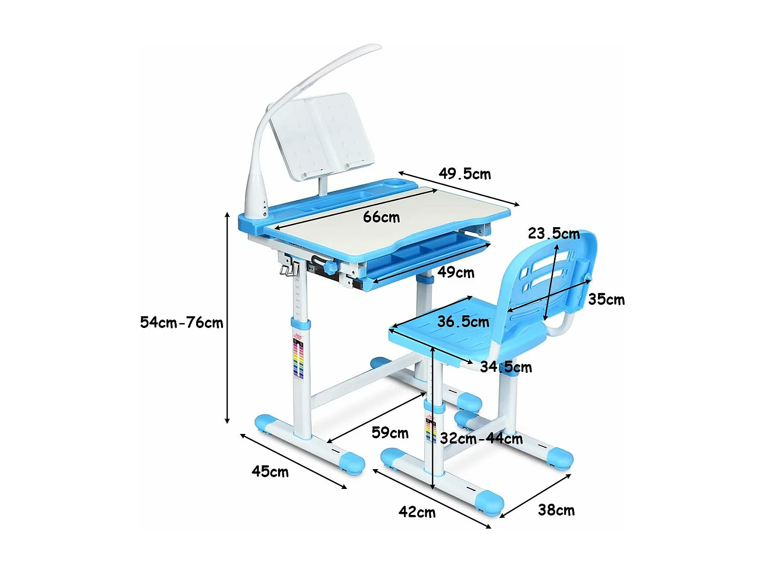 Set Bureau et Chaise pour Enfants avec Lampe LED,Bureau Inclinable 0°-40°,Hauteur Réglable,Charge Maximale 80KG Bleu