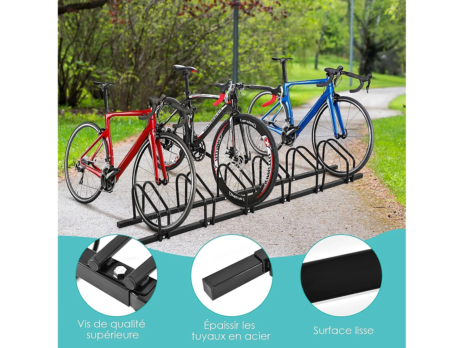 Râtelier 6 Vélo, Support de Rangement Vélo en Acier Revêtu, Fixation au Sol ou au Mur pour Extérieur et Intérieur, 180 x 32,5 x 26 cm, pour VTT, Vélo de Course, Vélo d’Enfant, Noir