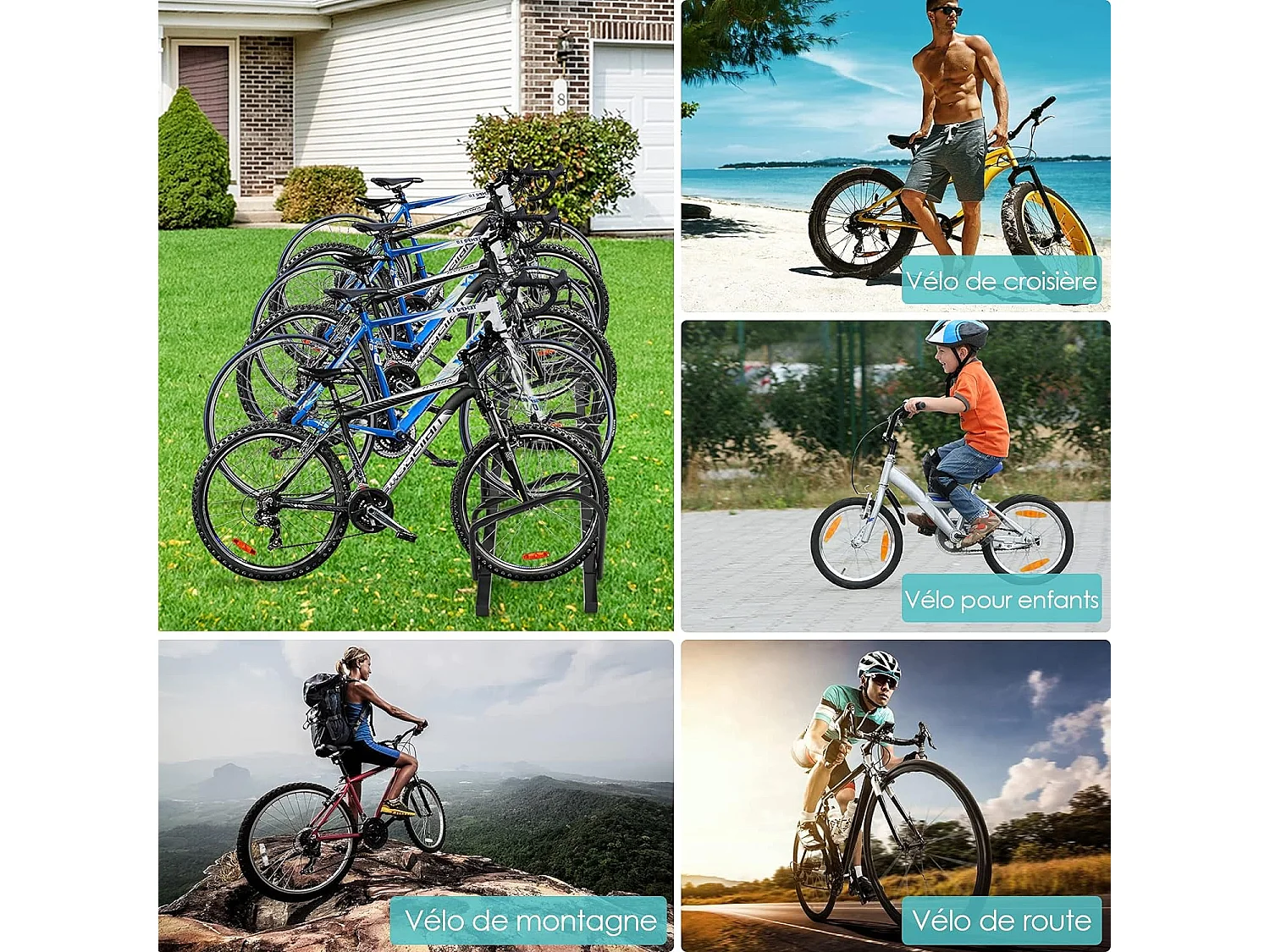 Râtelier 6 Vélo, Support de Rangement Vélo en Acier Revêtu, Fixation au Sol ou au Mur pour Extérieur et Intérieur, 180 x 32,5 x 26 cm, pour VTT, Vélo de Course, Vélo d’Enfant, Noir