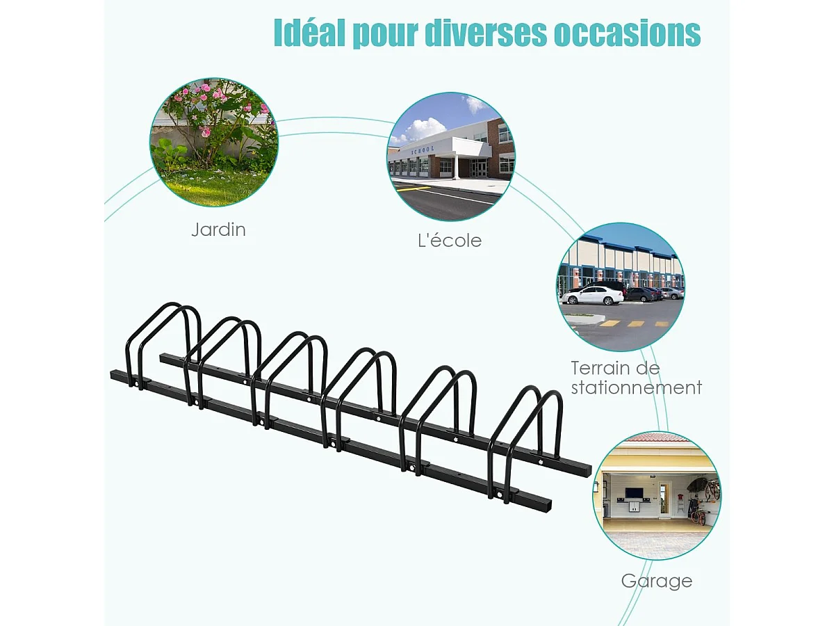 Râtelier 6 Vélo, Support de Rangement Vélo en Acier Revêtu, Fixation au Sol ou au Mur pour Extérieur et Intérieur, 180 x 32,5 x 26 cm, pour VTT, Vélo de Course, Vélo d’Enfant, Noir