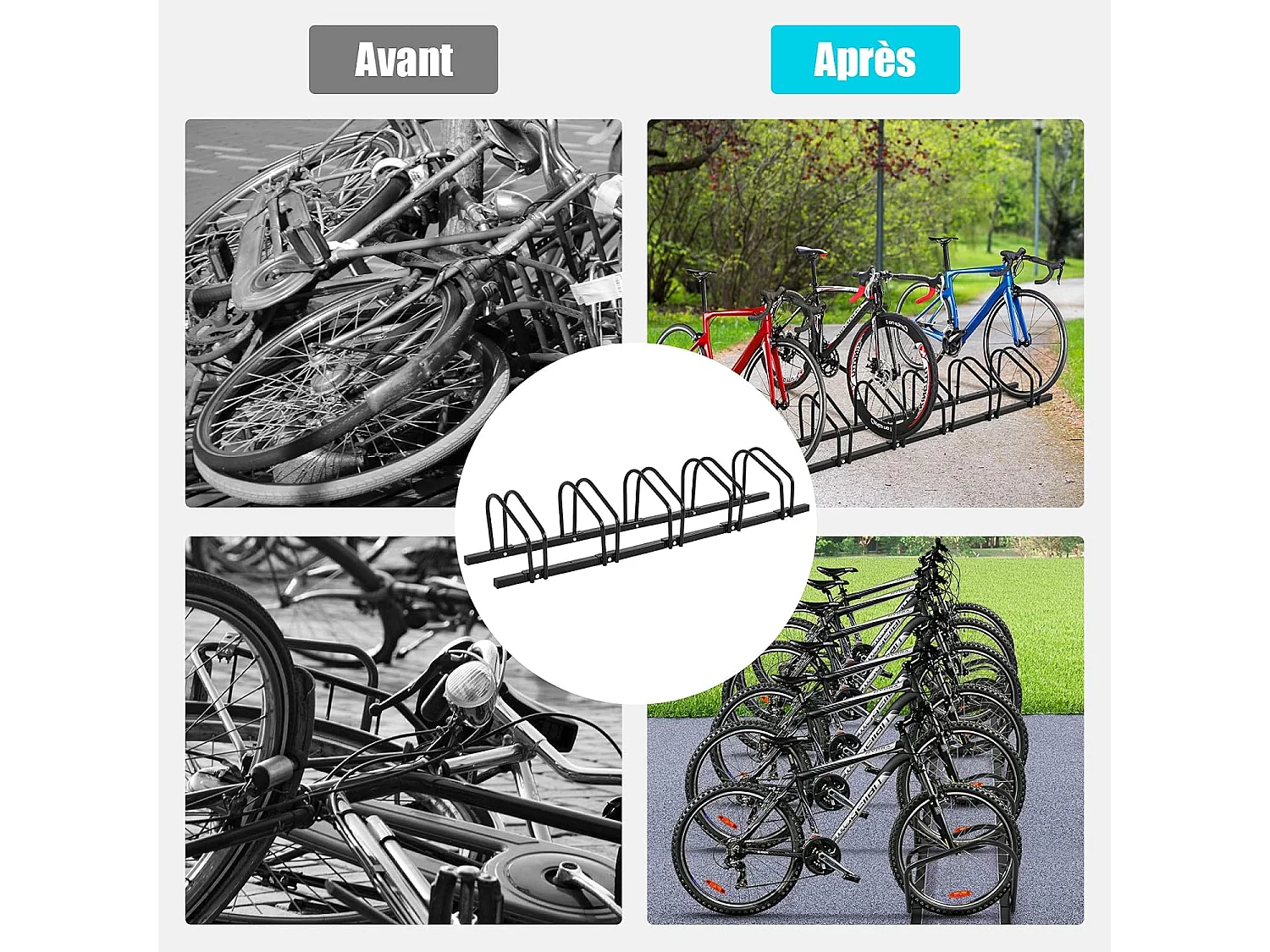 Rek voor 6 stalen fietsen, vloer- of wandmontage 180x32,5x26CM, gecoat stalen fietsenrek, weerbestendig anti-roest school zakelijk zwart