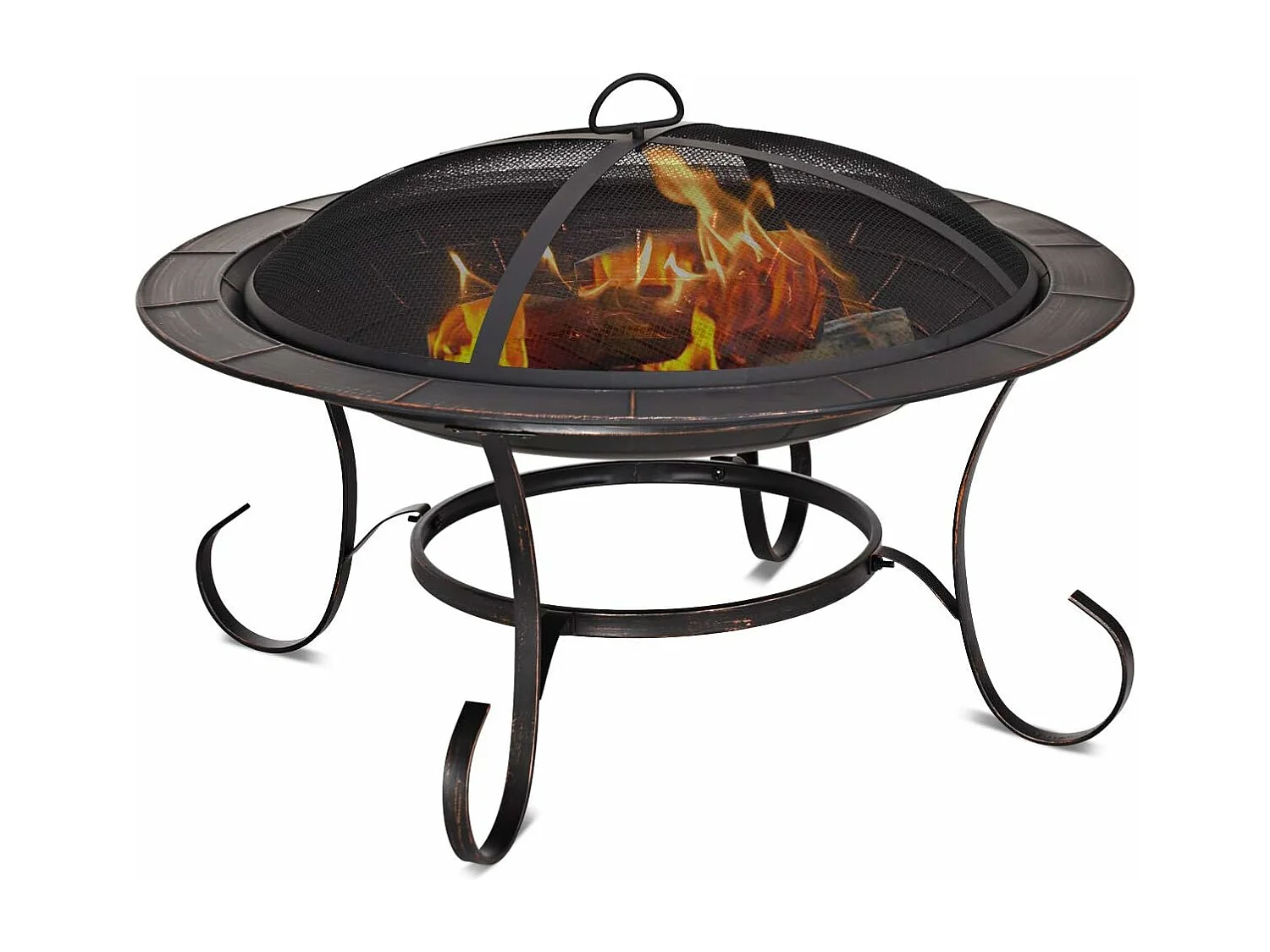 Brasero Exterieur de Jardin Brasero Terrasse en Acier avec Grille Pare-Etincelles Bol 76 cm de Diamètre Or Noir