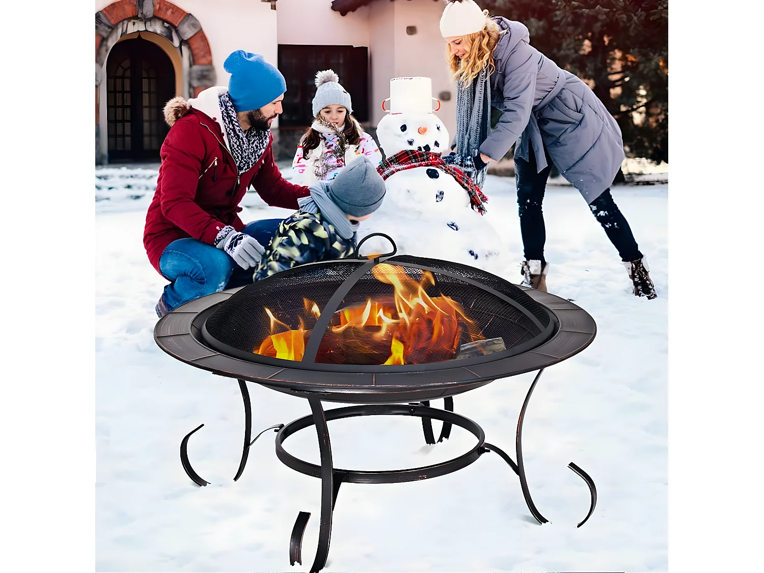 Brasero Exterieur de Jardin Brasero Terrasse en Acier avec Grille Pare-Etincelles Bol 76 cm de Diamètre Or Noir