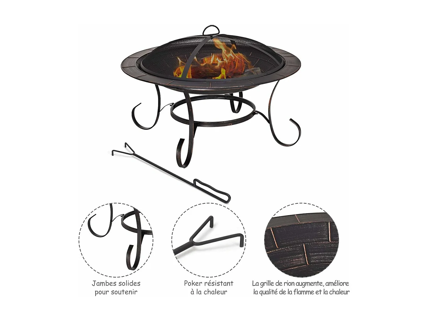 Brasero Exterieur de Jardin Brasero Terrasse en Acier avec Grille Pare-Etincelles Bol 76 cm de Diamètre Or Noir