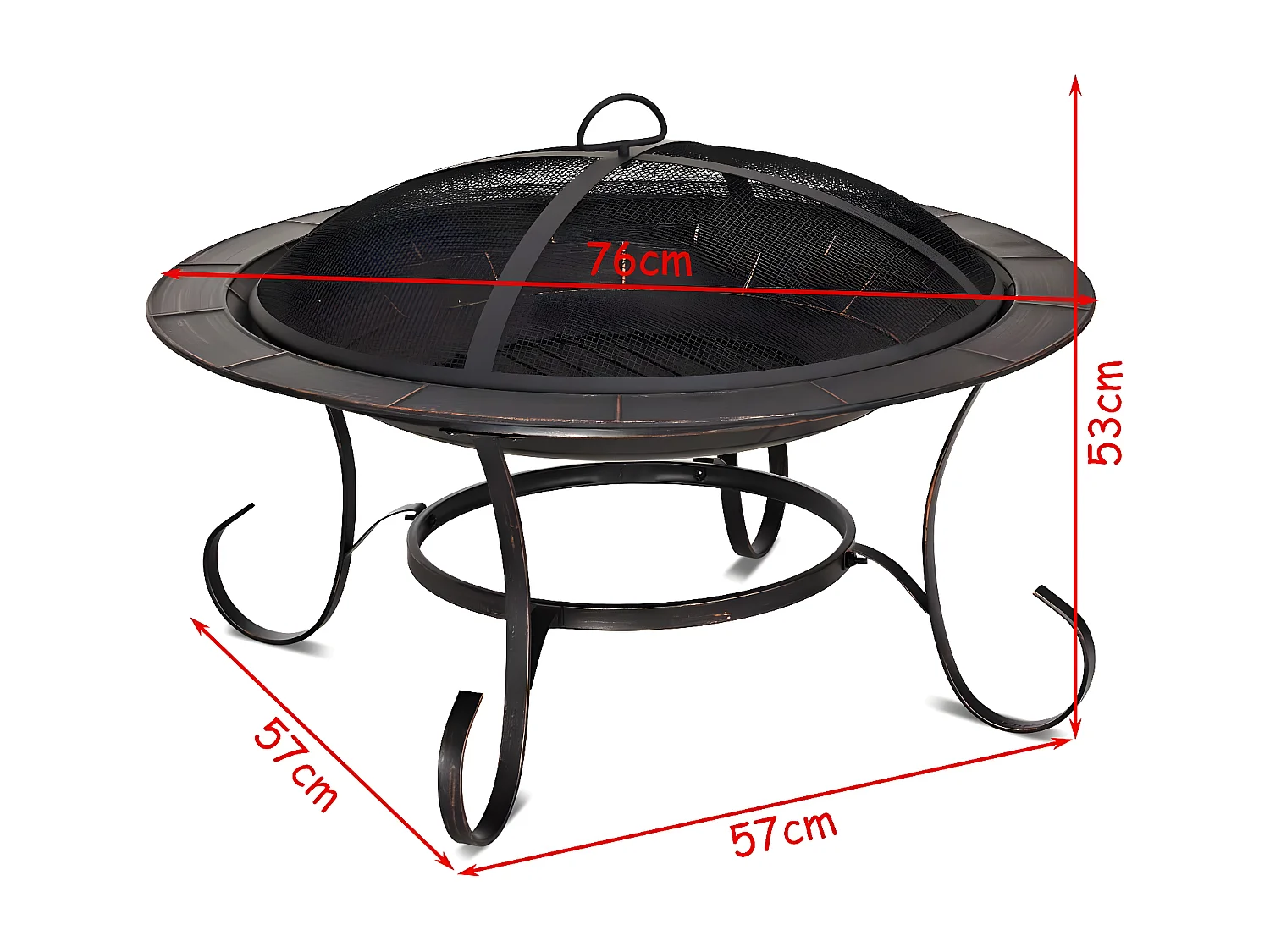 Brasero Exterieur de Jardin Brasero Terrasse en Acier avec Grille Pare-Etincelles Bol 76 cm de Diamètre Or Noir